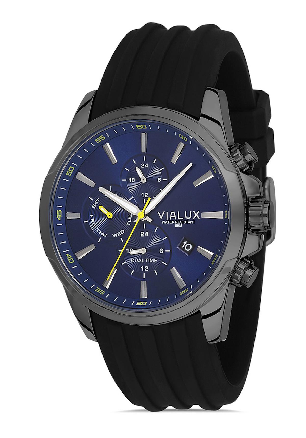 Vialux VX572N-11BN Takvimli 45 mm Siyah Silikon Kordon Analog Erkek Kol Saati