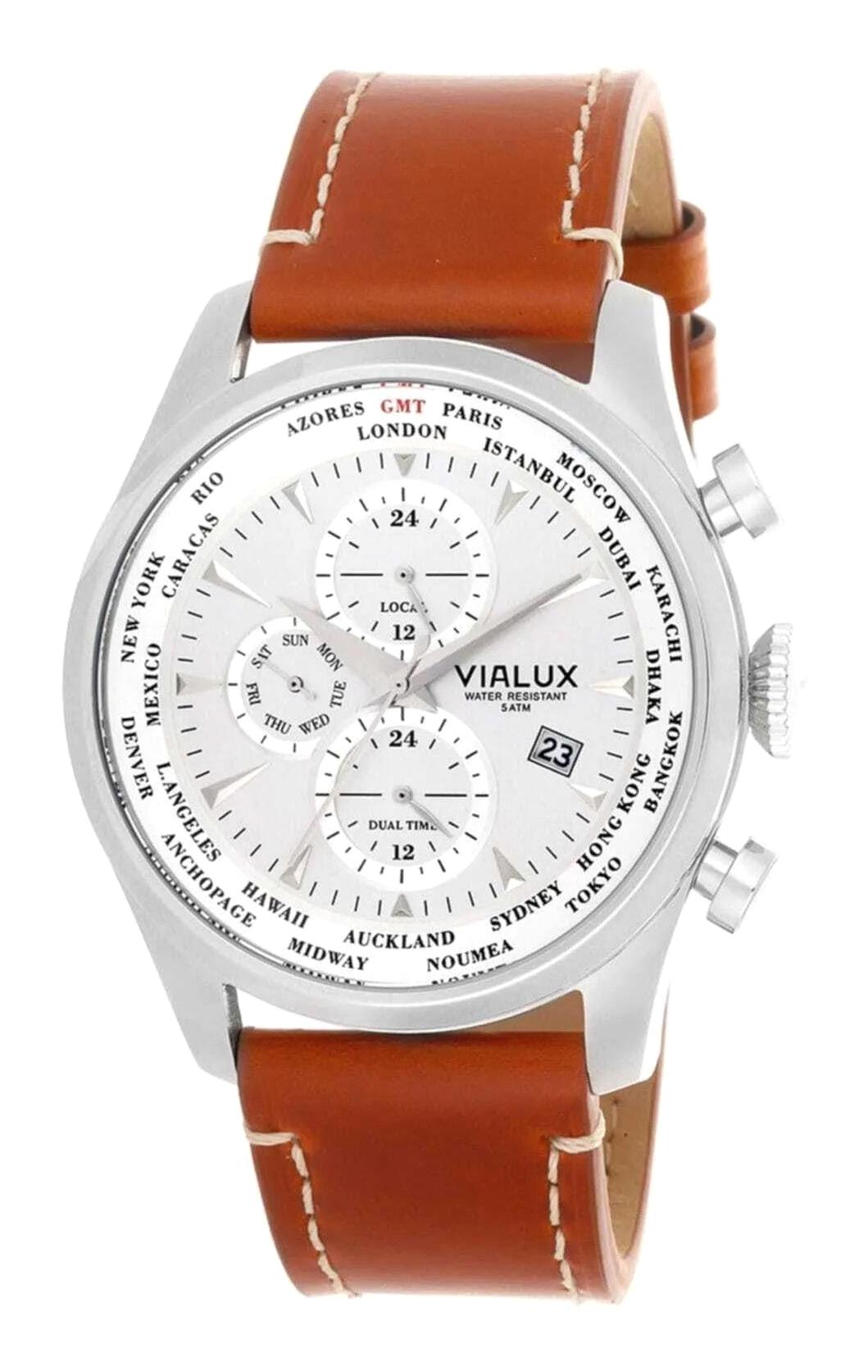 Vialux VX811S-02KS Takvimli 39 mm Kahverengi Deri Kordon Analog Erkek Kol Saati
