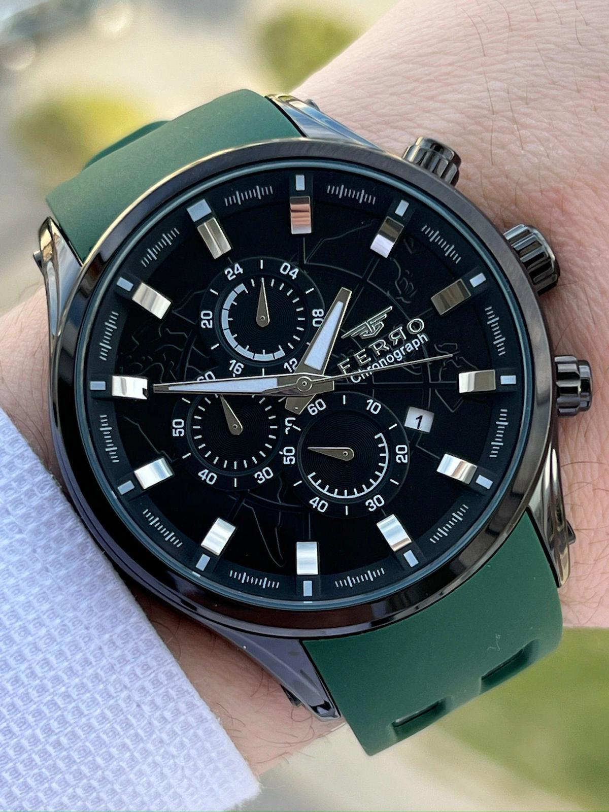 Ferro EF31354- Su Geçirmez Takvimli 44 mm Yeşil Silikon Kordon Analog Erkek Kol Saati