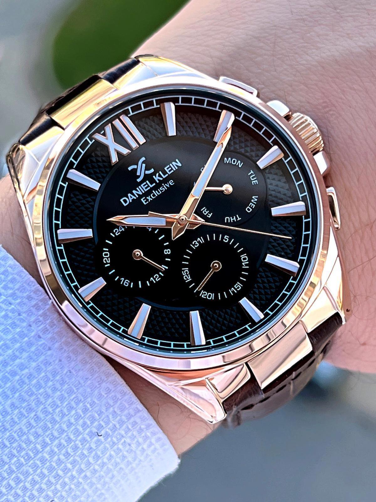 Daniel Klein DK.1.10650-3 Takvimli Siyah Deri Kordon Analog Erkek Kol Saati