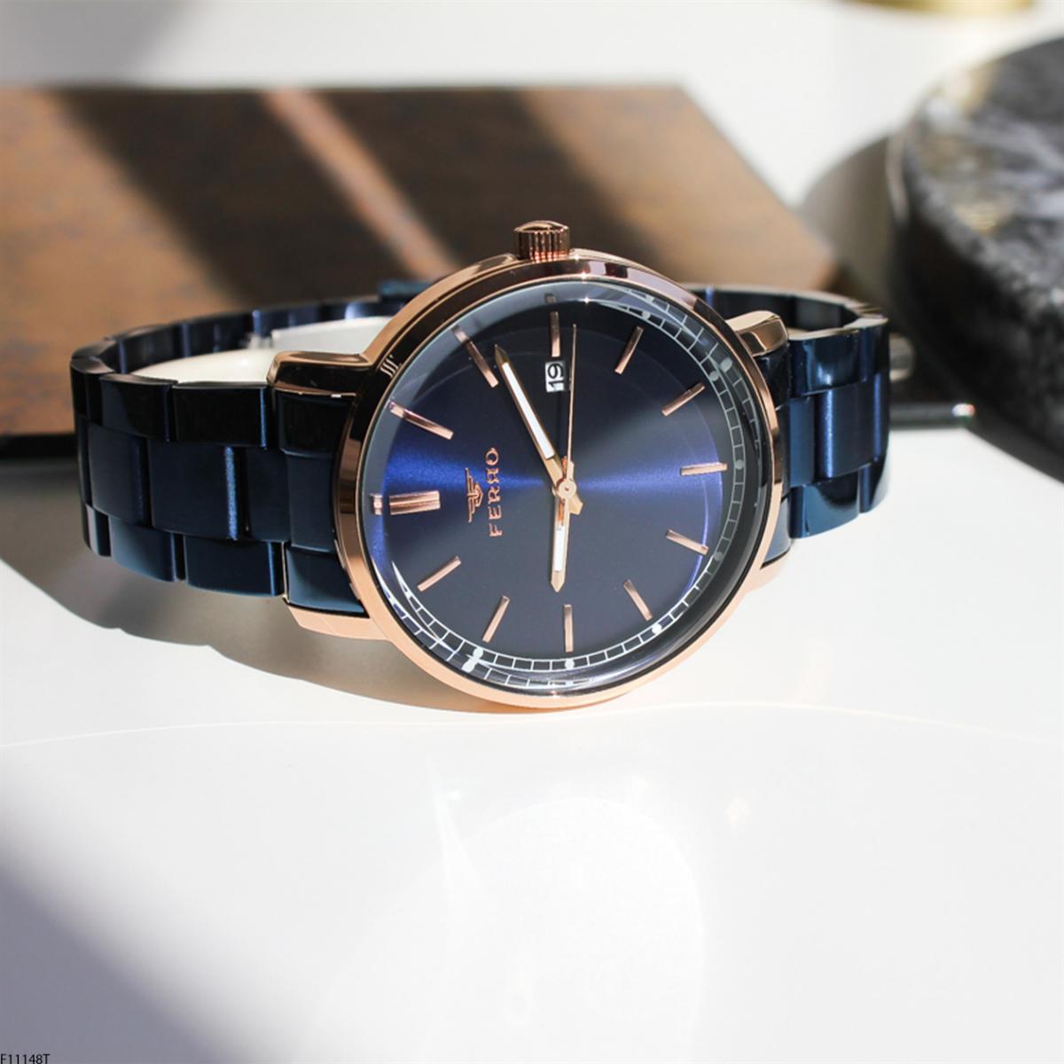 Ferro F11148T Takvimli 42 mm Lacivert Metal Kordon Analog Erkek Kol Saati