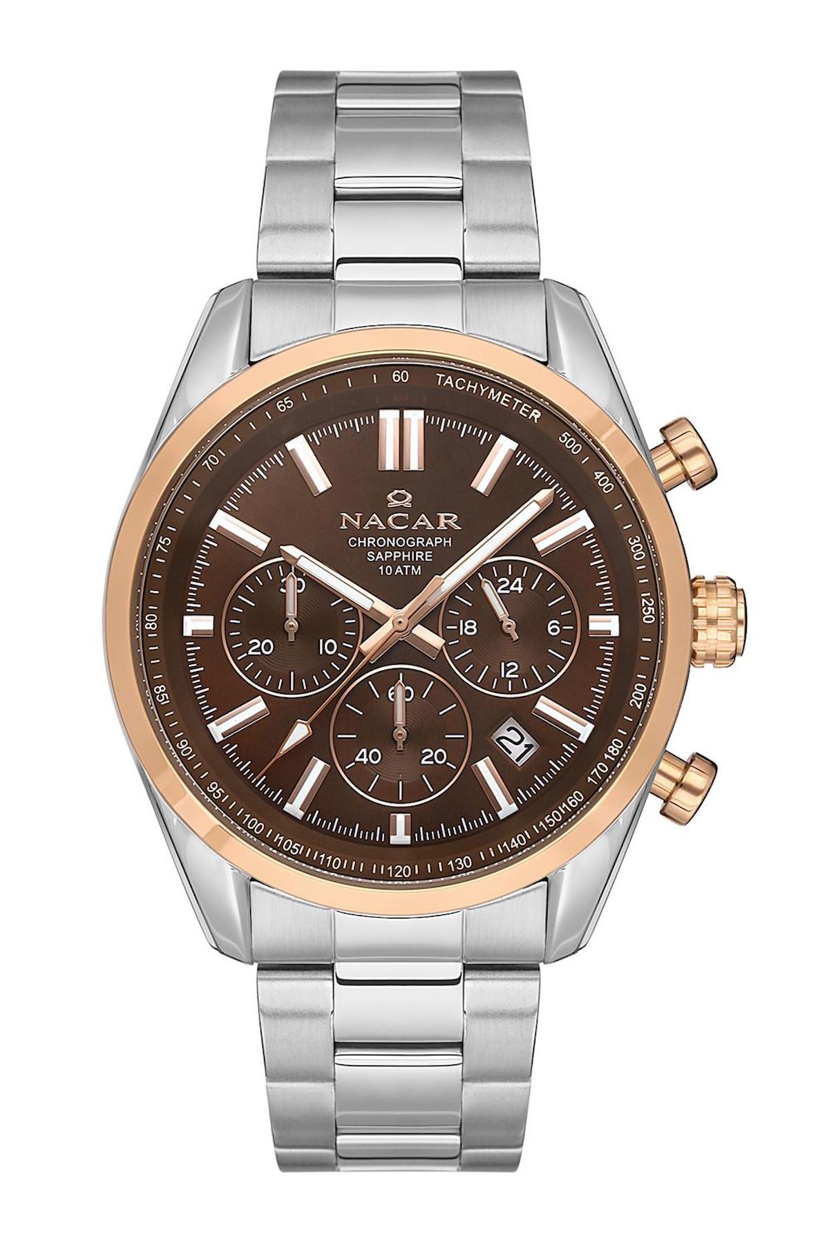 Nacar 34290713EKM Takvimli 44 mm Çelik Kordon Analog Kol Saati