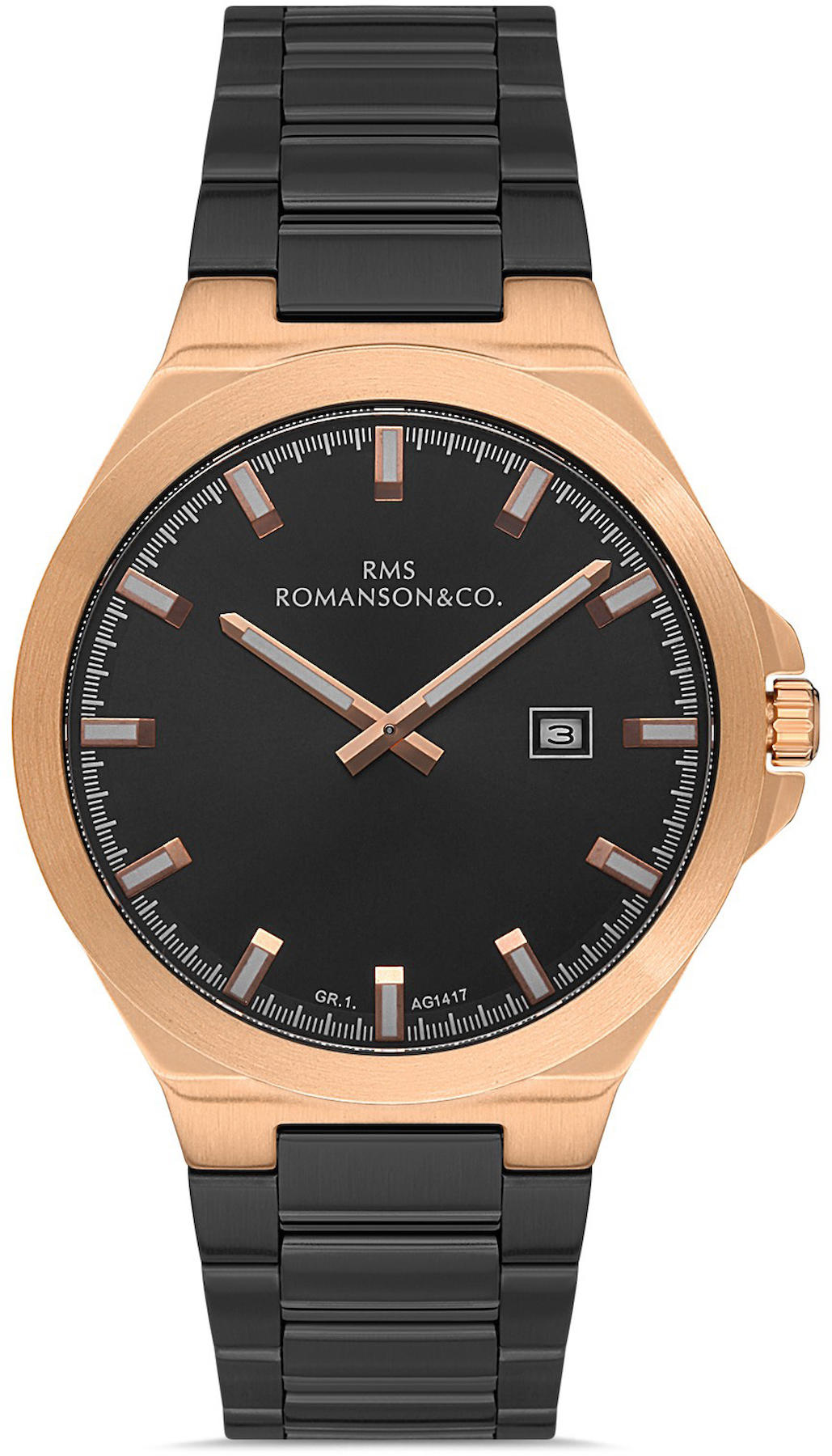 Romanson GR.1.AG1417.07 Takvimli 42 mm Siyah Çelik Kordon Analog Kol Saati