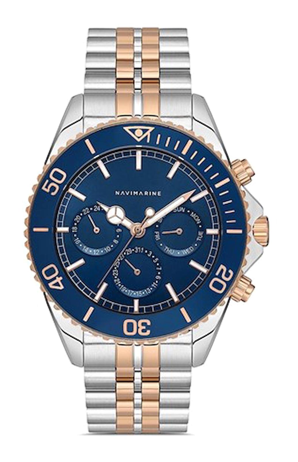 Navimarine SEE1003-4 Takvimli 44 mm Gri-Rose Gold Çelik Kordon Analog Kol Saati