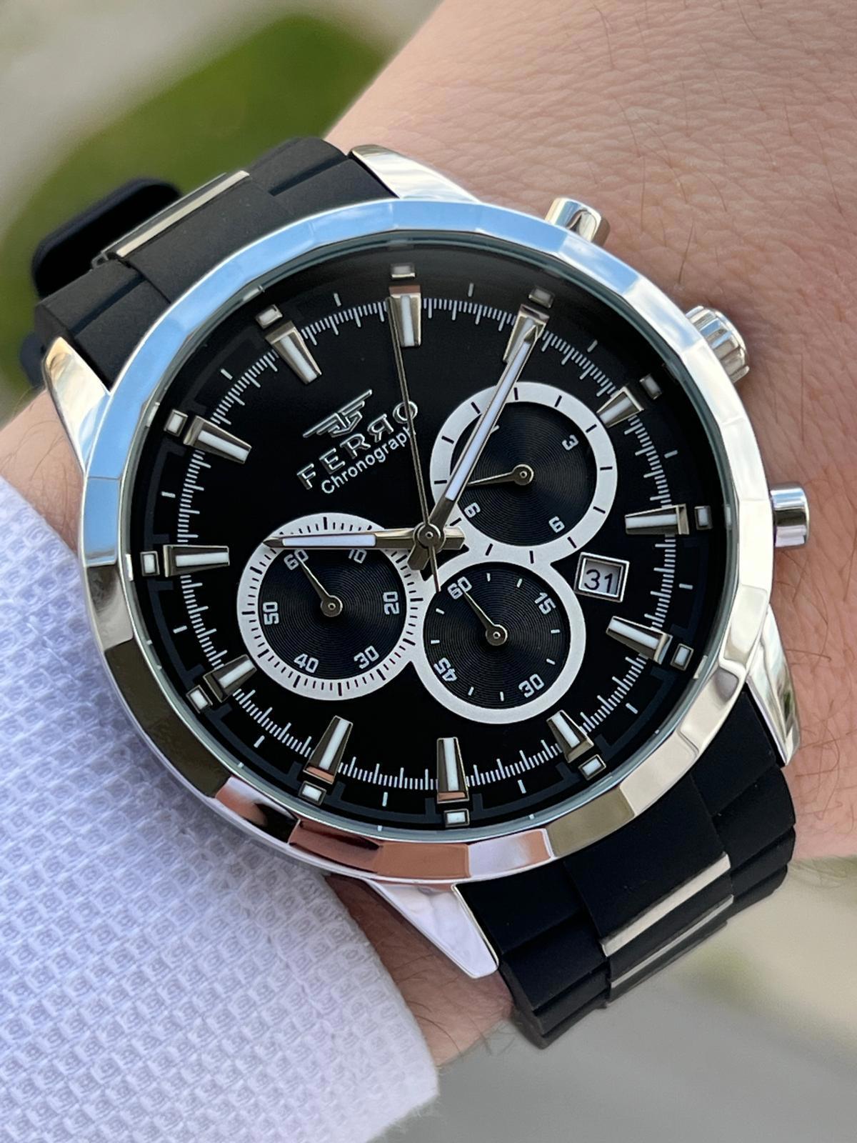 Ferro EFM31354-J21 Su Geçirmez Takvimli 44 mm Siyah Silikon Kordon Analog Erkek Kol Saati