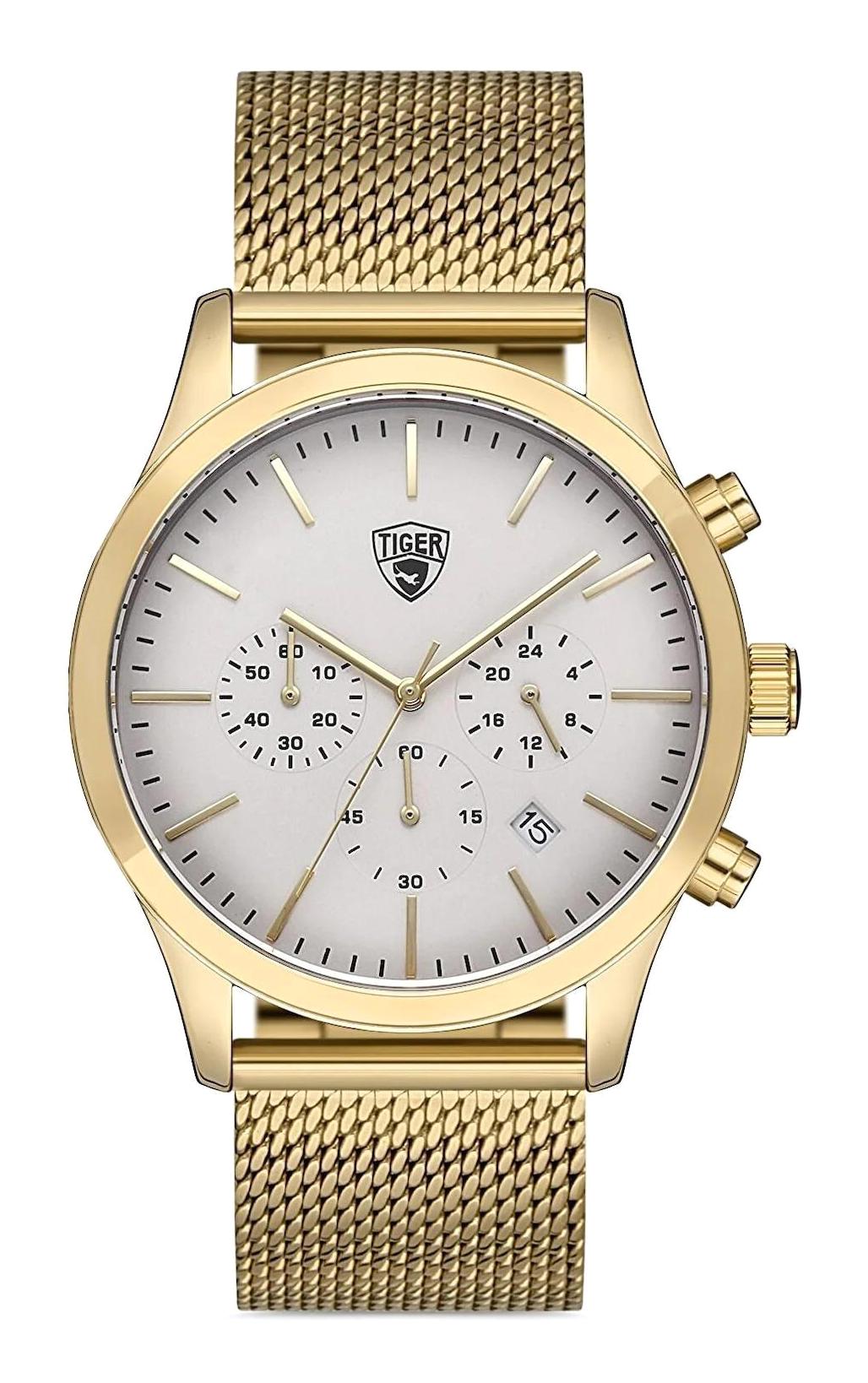 Tiger TI-607-A Takvimli 44 mm Altın Çelik Kordon Analog Erkek Kol Saati