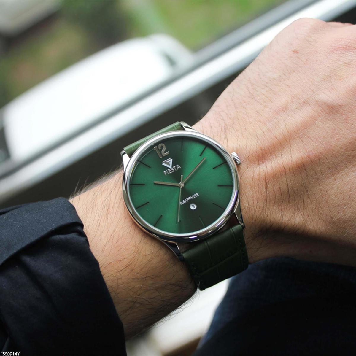 Fiesta FS50914Y Takvimli 40 mm Yeşil Deri Kordon Analog Erkek Kol Saati