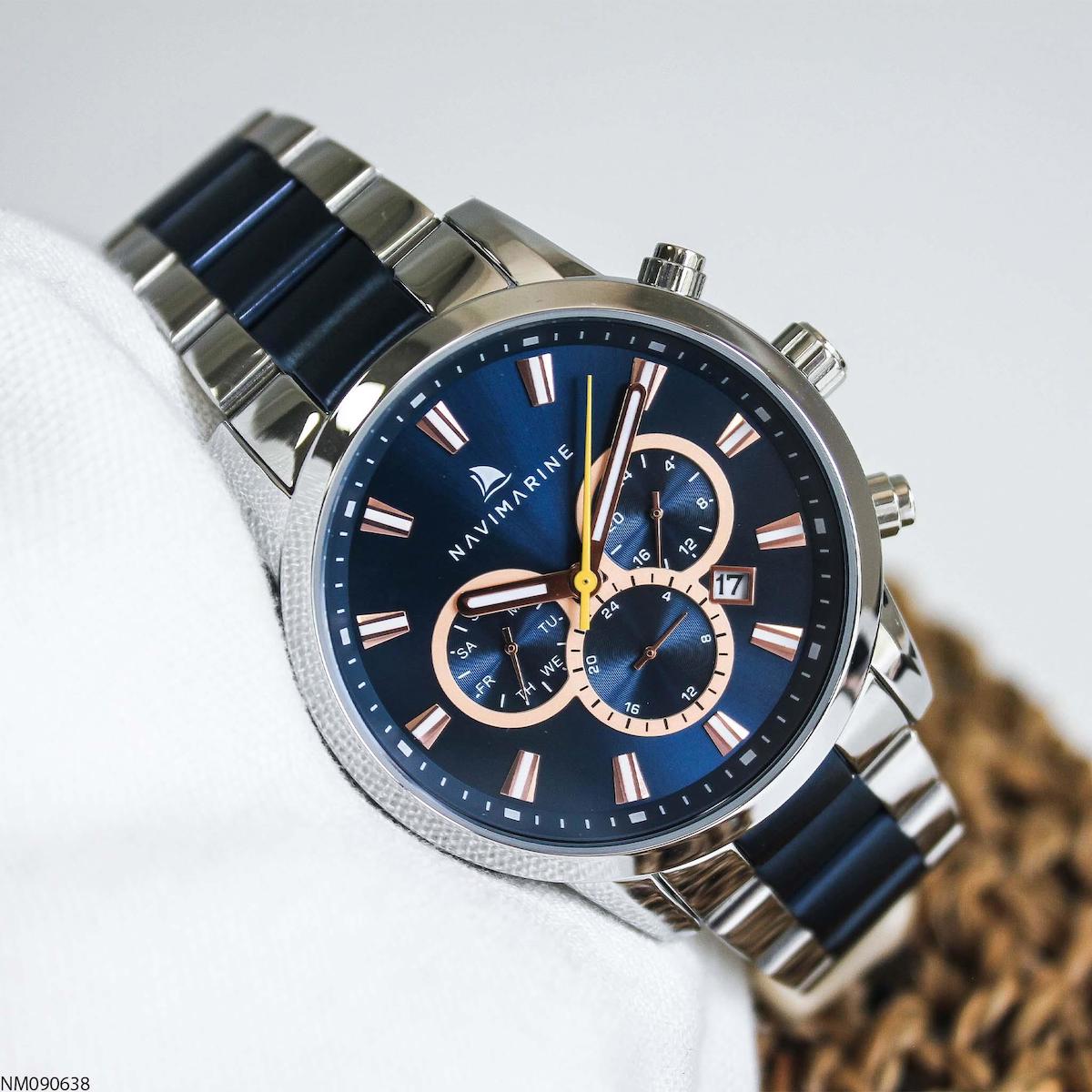 Navimarine NM090638 Takvimli 44 mm Gri-Lacivert Çelik Kordon Analog Erkek Kol Saati