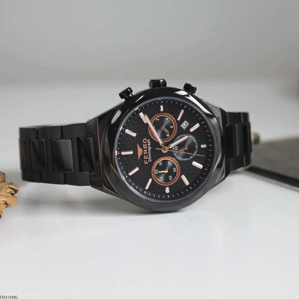 Ferro FM31458G Takvimli 45 mm Siyah Çelik Kordon Analog Erkek Kol Saati