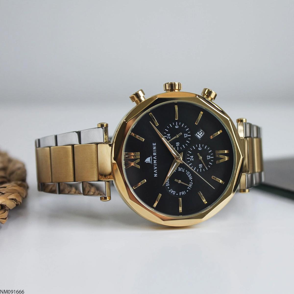Navimarine NM091666 Takvimli 44 mm Altın-Çelik Kordon Analog Erkek Kol Saati
