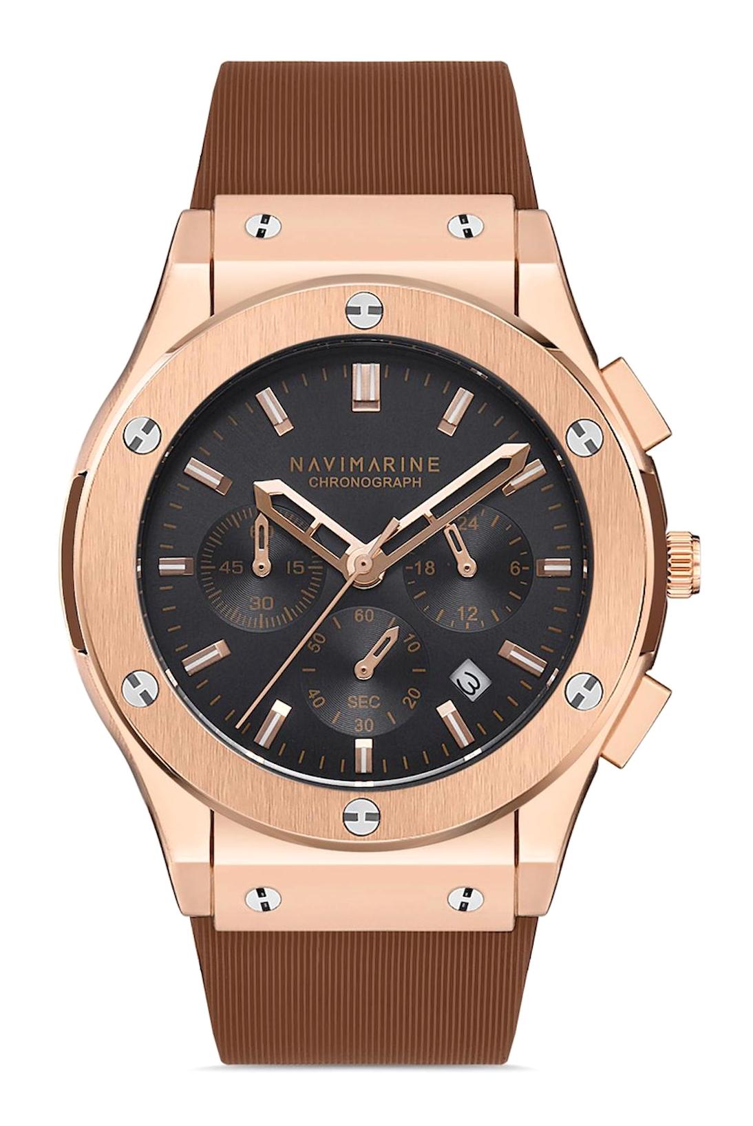 Navimarine NM060.01 Takvimli 46 mm Kahverengi Silikon Kordon Analog Erkek Kol Saati
