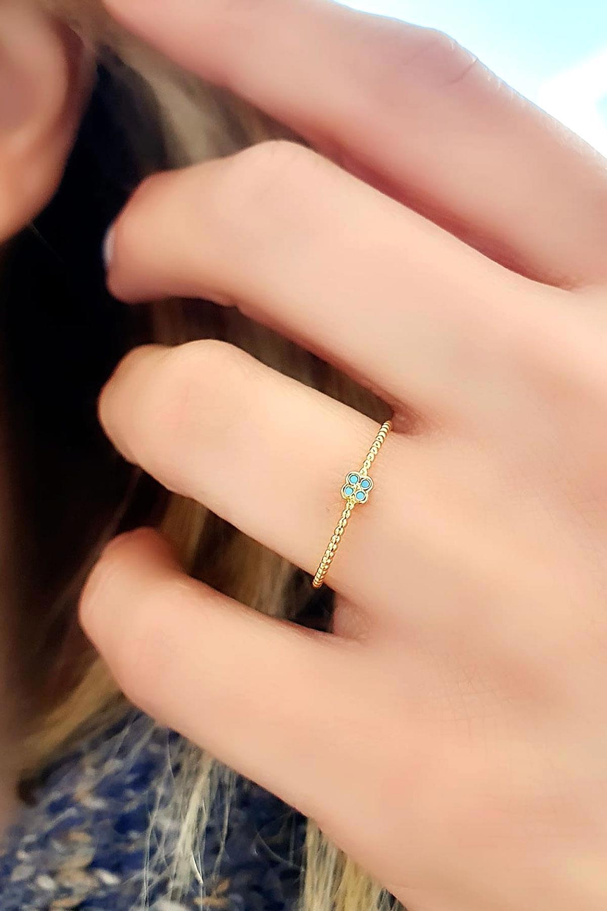 Oseshop Yonca Mavi Taşlı 925 Ayar Altın Yüzük