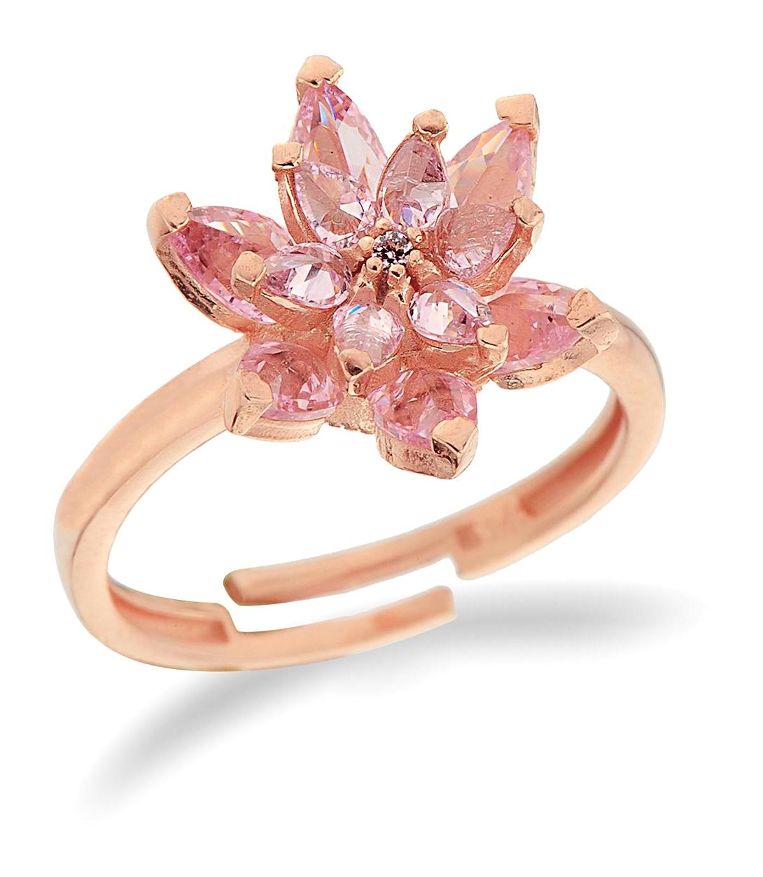 Argentum Concept Çiçekli Pembe Taşlı Damla 925 Ayar Rose Gold Altın Yüzük