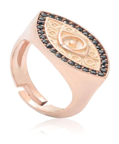 Coşar Silver Siyah Taşlı Rose Gold Altın Yüzük
