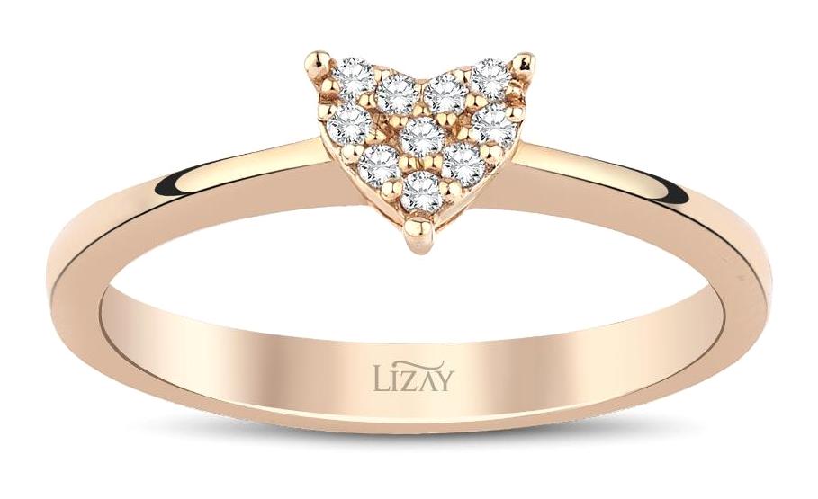 Lizay Pırlanta Kalpli Beyaz Taşlı 14 Ayar Rose Gold Altın Yüzük