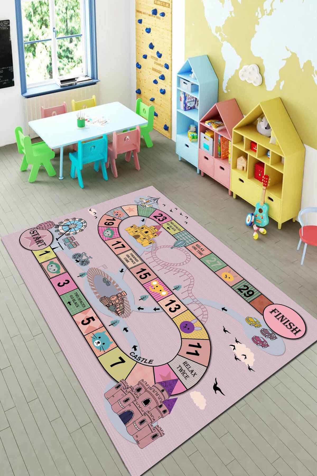 Viva Home KD125 Pembe 7 mm Mikropolyester Leke Tutmaz Yıkanabilir İnce Kaymaz Dot Taban Dikdörtgen Makine Dokuma Çocuk Odası Halısı 80x500 cm