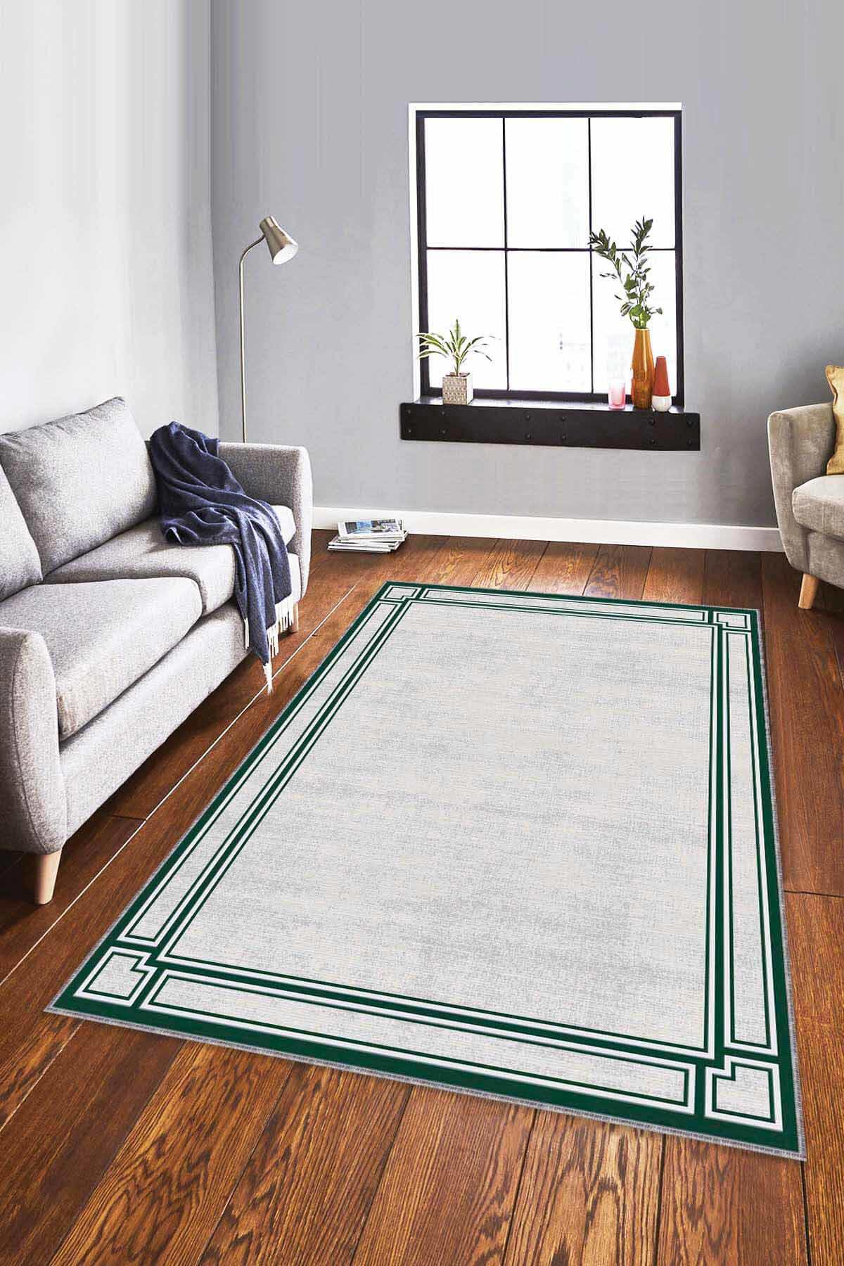 Viva Home RV056 Yeşil 7 mm Mikropolyester Yalıtıma Yardımcı Yıkanabilir İnce Kaymaz Taban Dikdörtgen Makine Dokuma Antre-Salon-Yatak Odası Halısı 140x200 cm