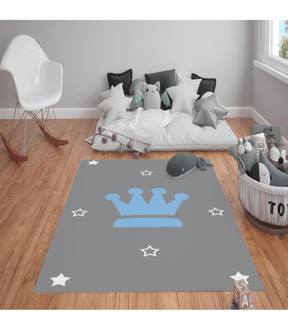 Doruklar Home Collection Gri-Mavi 0.7 mm Polyester Antibakteriyel Yıkanabilir Kalın Kaymaz Taban Dikdörtgen Makine Dokuma Çocuk Odası Halısı 200x300 cm