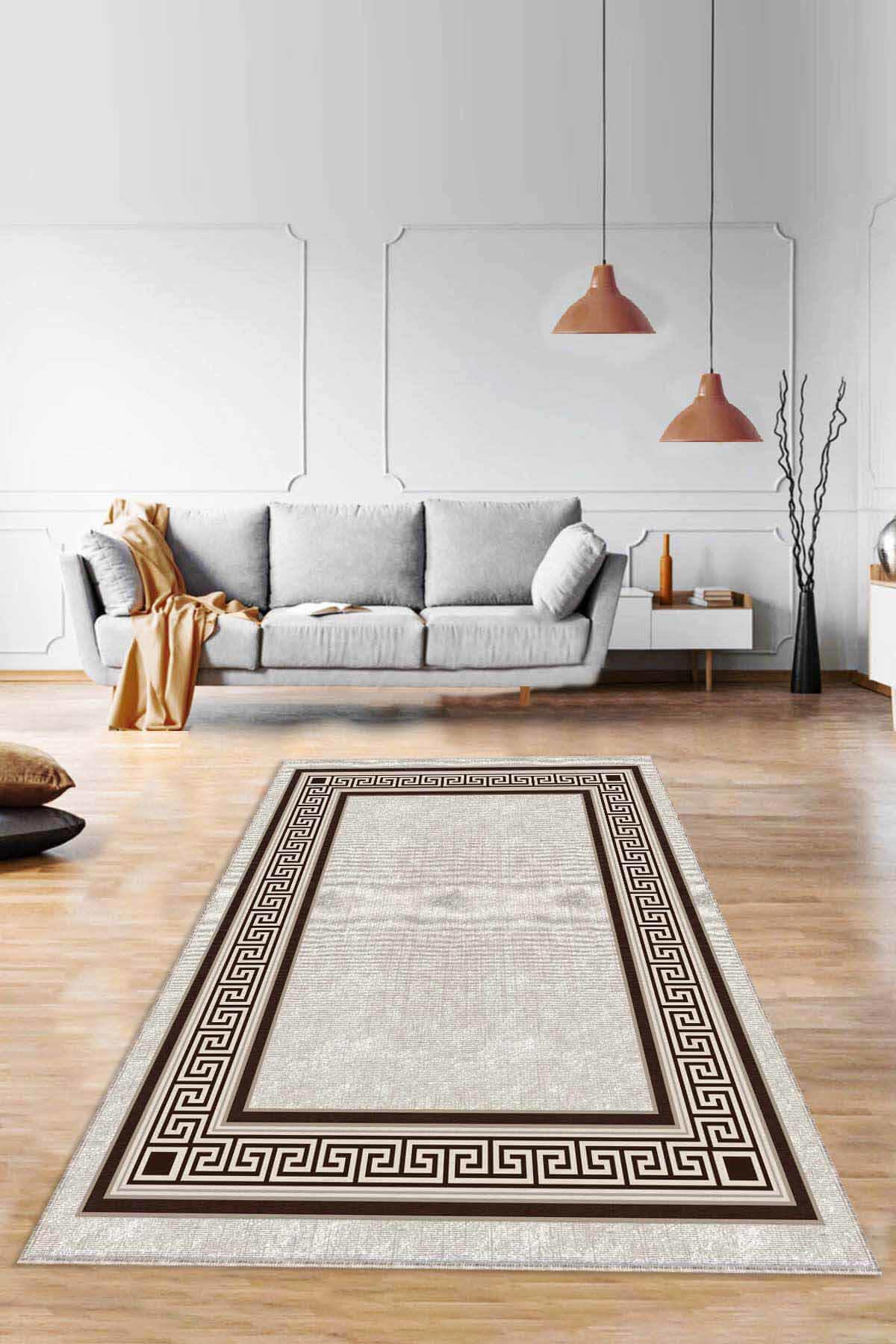 Viva Home RV032 Bej 7 mm Mikropolyester Yıkanabilir İnce Kaymaz Jüt Taban Dikdörtgen Makine Dokuma Salon Halısı 100x300 cm