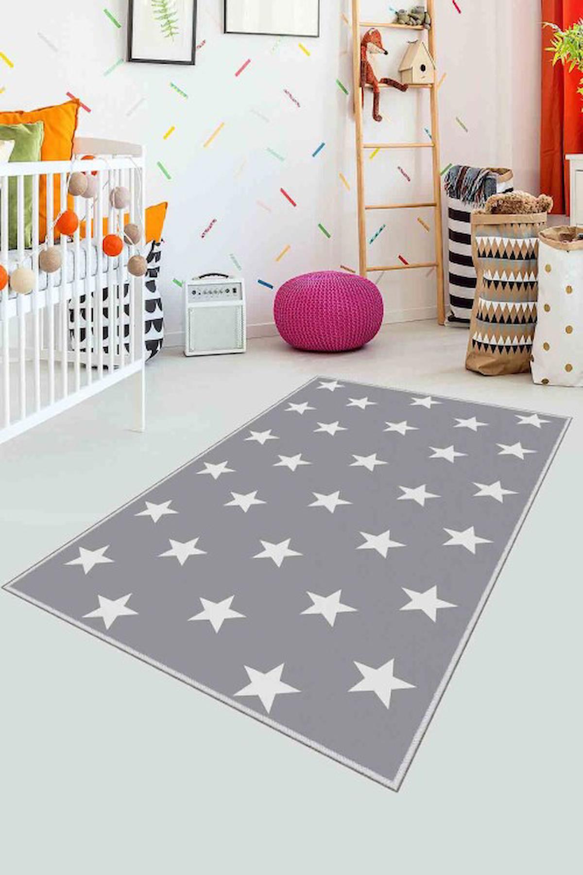 Homefesto Krem 5 mm Polyester Leke Tutmaz Yıkanabilir İnce Kaymaz Taban Yıldızlı Dikdörtgen Makine Dokuma Çocuk Odası Halısı 300x400 cm