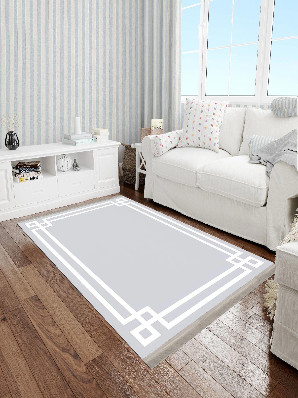 Enbe Collection E-MD0066D Beyaz-Gri 5 mm Pamuk Antibakteriyel Yıkanabilir Orta Kaymaz Dot Taban Dikdörtgen Makine Dokuma Oturma Odası Halısı 100x150 cm