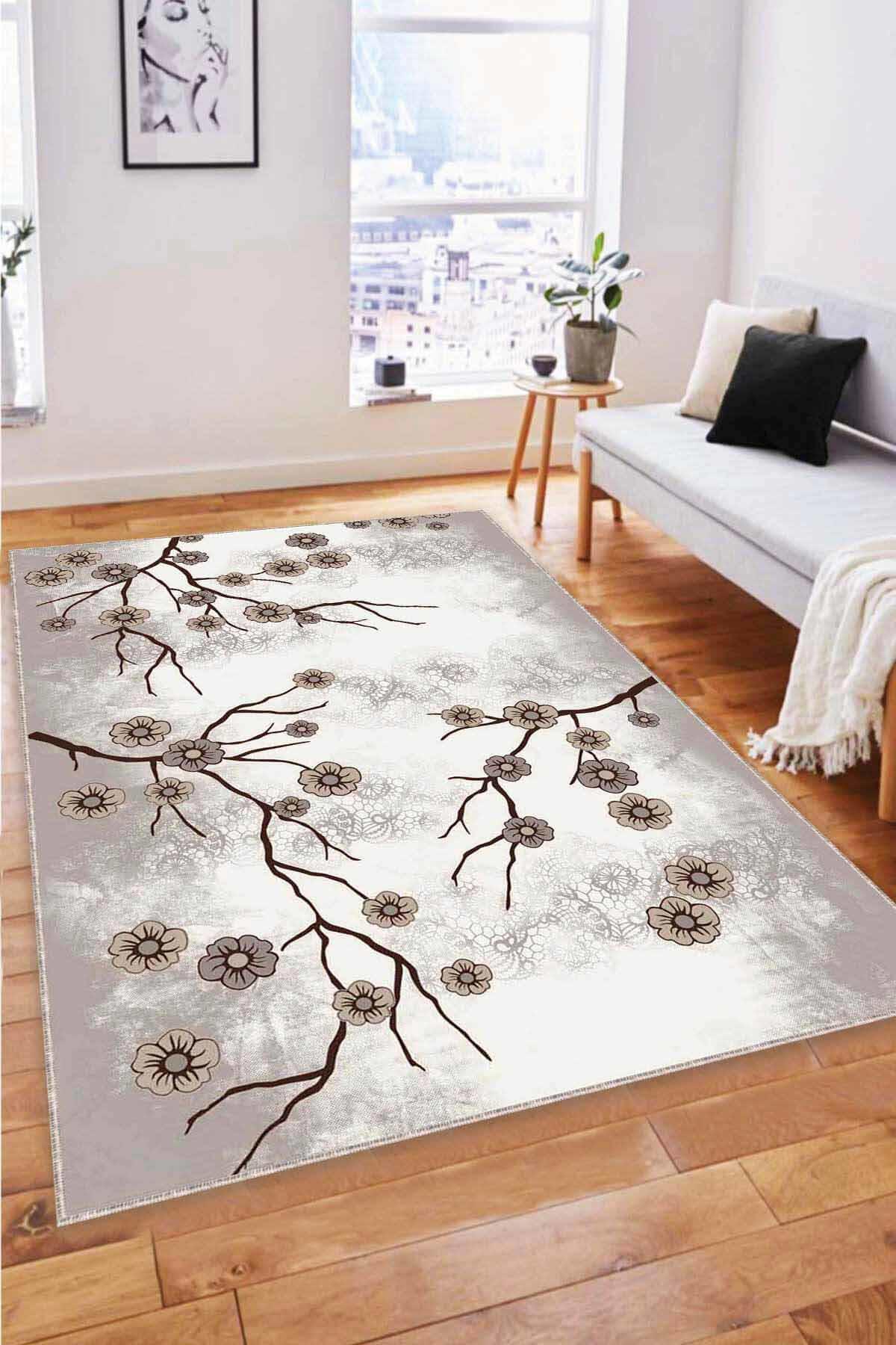 Viva Home FW001 Bej 7 mm Mikropolyester Yıkanabilir İnce Kaymaz Jüt Taban Dikdörtgen Makine Dokuma Salon Halısı 120x180 cm