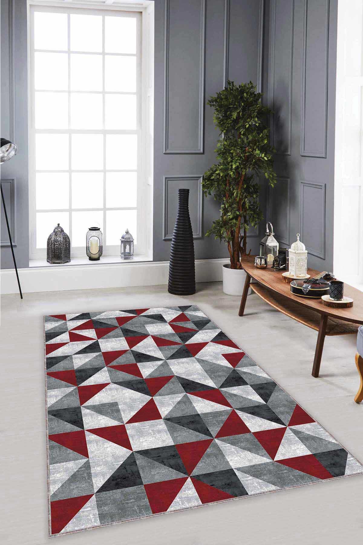 Viva Home PR01 Kırmızı 7 mm Mikropolyester Antibakteriyel Yıkanabilir İnce Kaymaz Taban Dikdörtgen Makine Dokuma Halı 120x170 cm