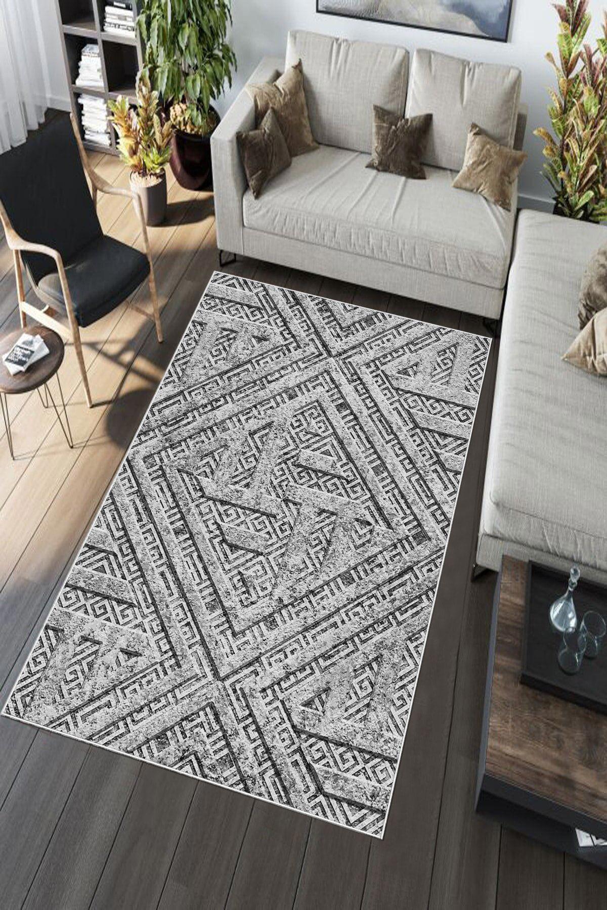 Aldora A224 Gri 9 mm Deri Toz Tutmaz Yıkanabilir İnce Kaymaz Pamuk Taban Dikdörtgen Makine Dokuma Salon Halısı 80x150 cm
