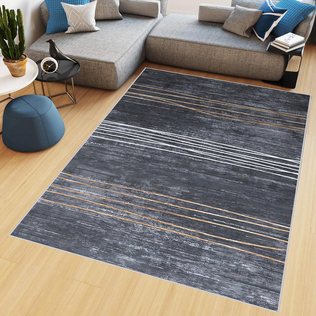 Rovigo Home RVG0450 Gri 8 mm Polyester Antibakteriyel-Leke Tutmaz-Toz Tutmaz Yıkanabilir İnce Kaymaz Dot Taban Dikdörtgen Makine Dokuma Salon Halısı 100x250 cm