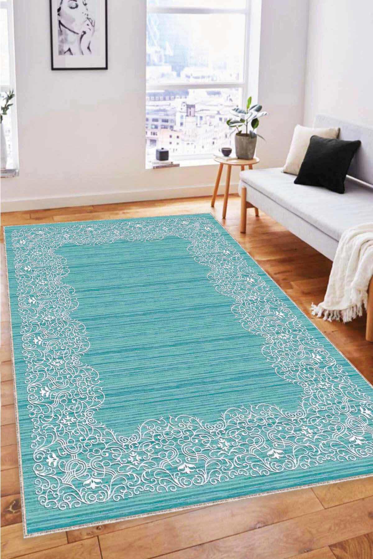 Viva Home MK56 Beyaz-Turkuaz 7 mm Mikropolyester Koku Yapmaz-Leke Tutmaz-Toz Tutmaz Yıkanabilir İnce Kaymaz Dot Taban Dikdörtgen Makine Dokuma Antre-Oturma Odası-Salon-Yatak Odası Halısı 120x200 cm