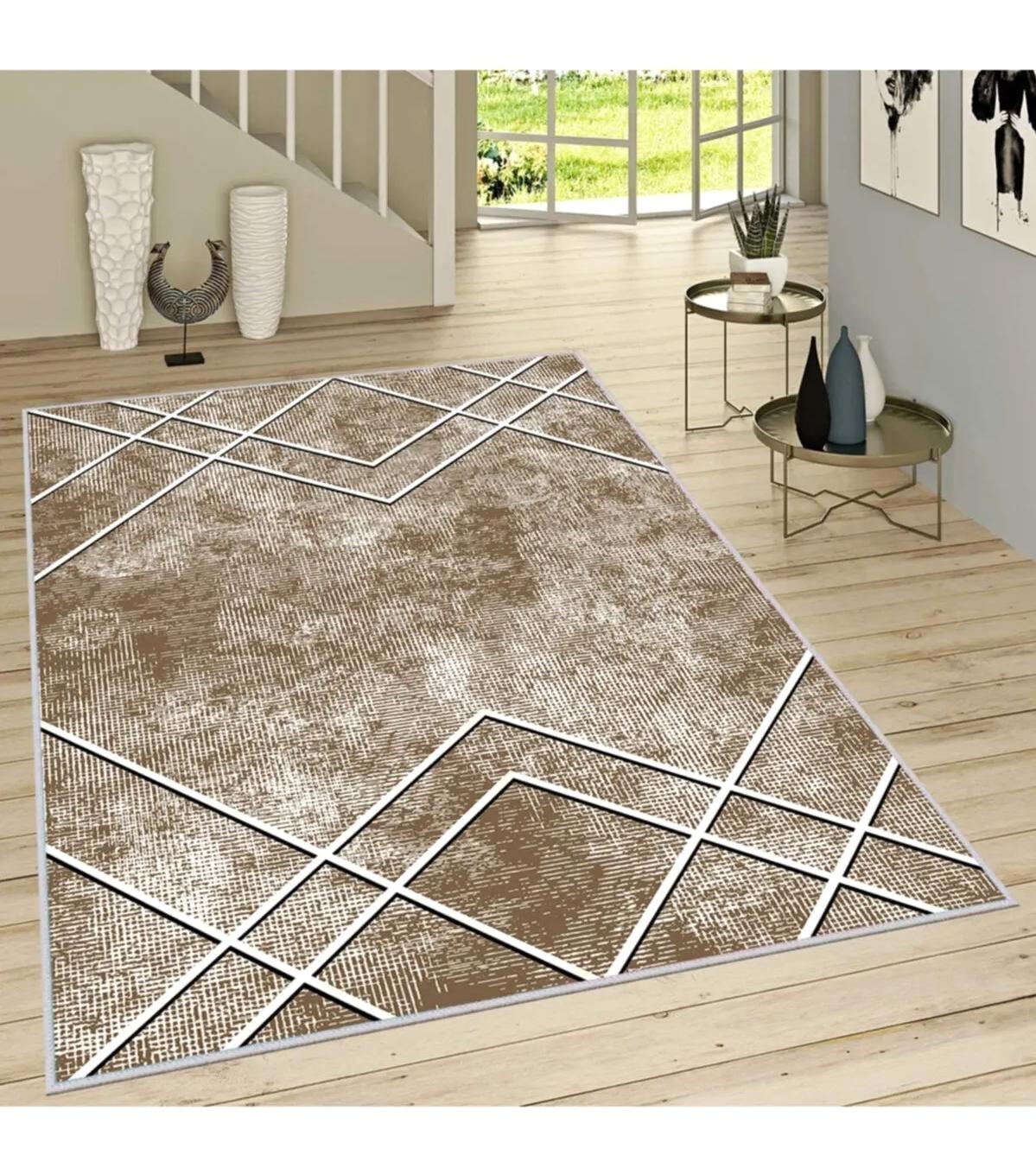 Rovigo Home RVG1669 Kahverengi 8 mm Polyester Antibakteriyel-Leke Tutmaz-Toz Tutmaz Yıkanabilir İnce Kaymaz Dot Taban Dikdörtgen Makine Dokuma Salon Halısı 200x290 cm
