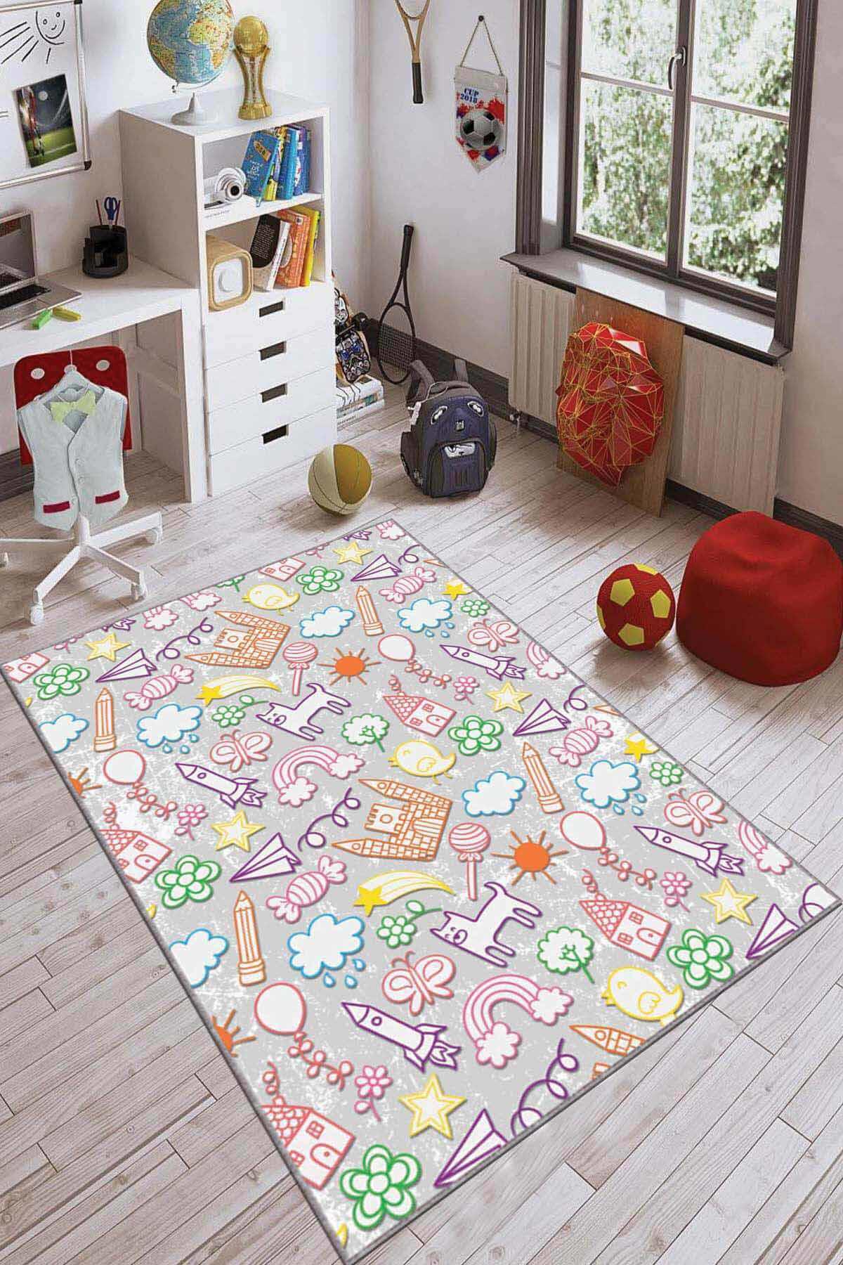 Viva Home AR093 Krem 7 mm Mikropolyester Leke Tutmaz Yıkanabilir Orta Kaymaz Dot Taban Dikdörtgen Makine Dokuma Çocuk Odası Halısı 170x240 cm
