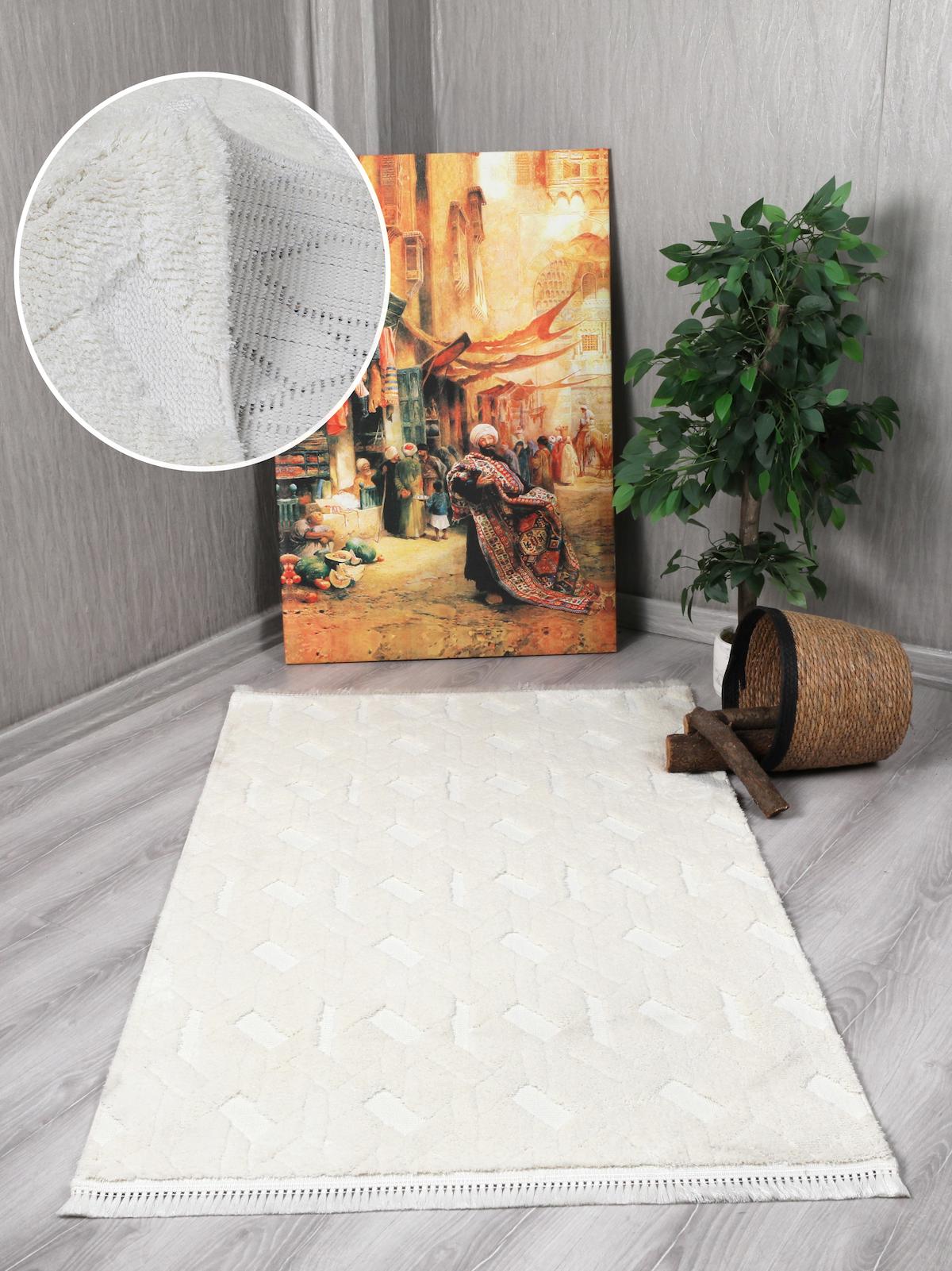 My Evilla Krem 10 mm Mikropolyester Leke Tutmaz Yıkanabilir Kalın Kaymaz Dikdörtgen Makine Dokuma Salon Halısı 120x180 cm