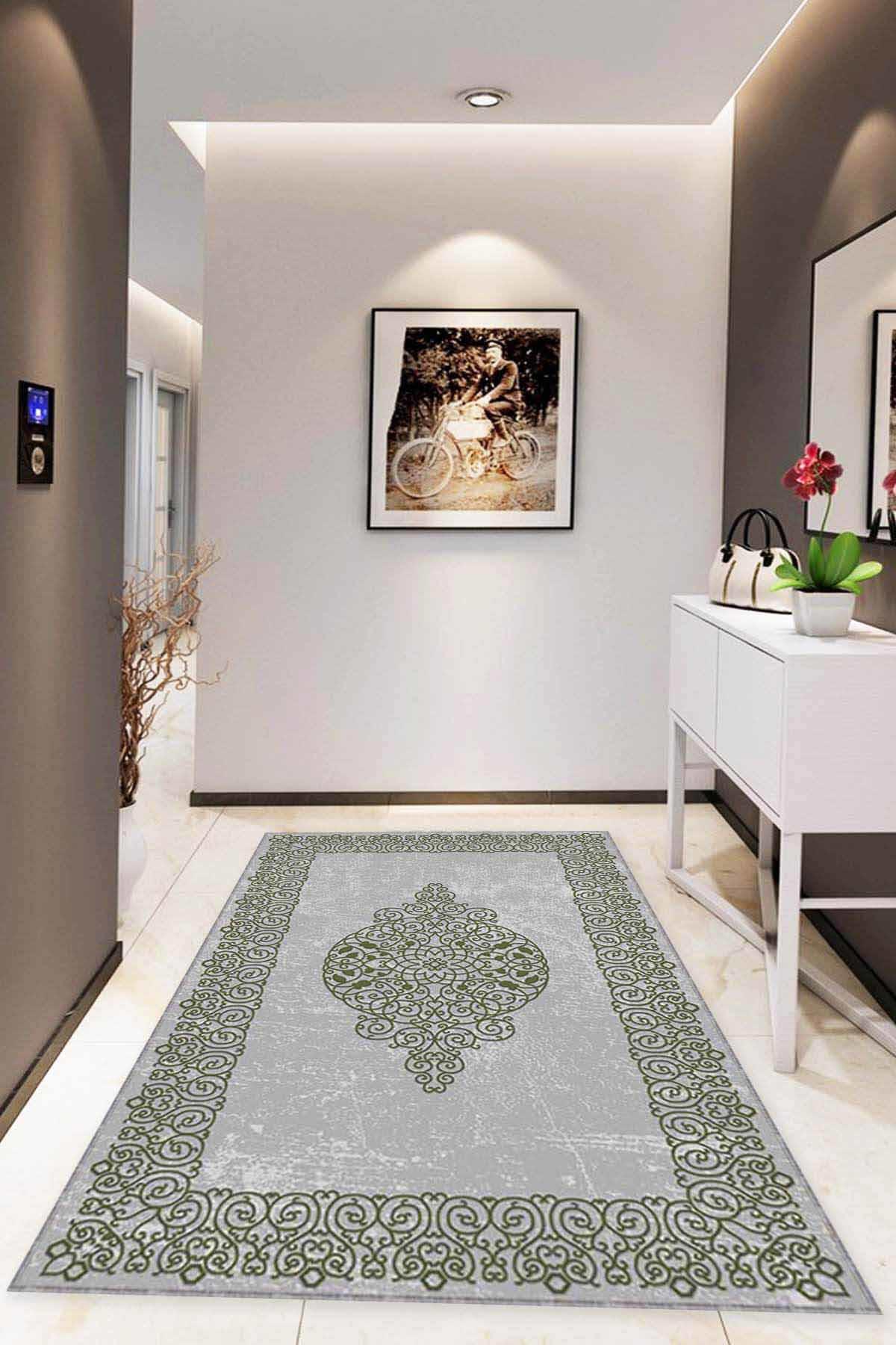 Viva Home MK47 Yeşil 7 mm Mikropolyester Yalıtıma Yardımcı Yıkanabilir İnce Kaymaz Taban Dikdörtgen Makine Dokuma Antre-Salon-Yatak Odası Halısı 160x230 cm