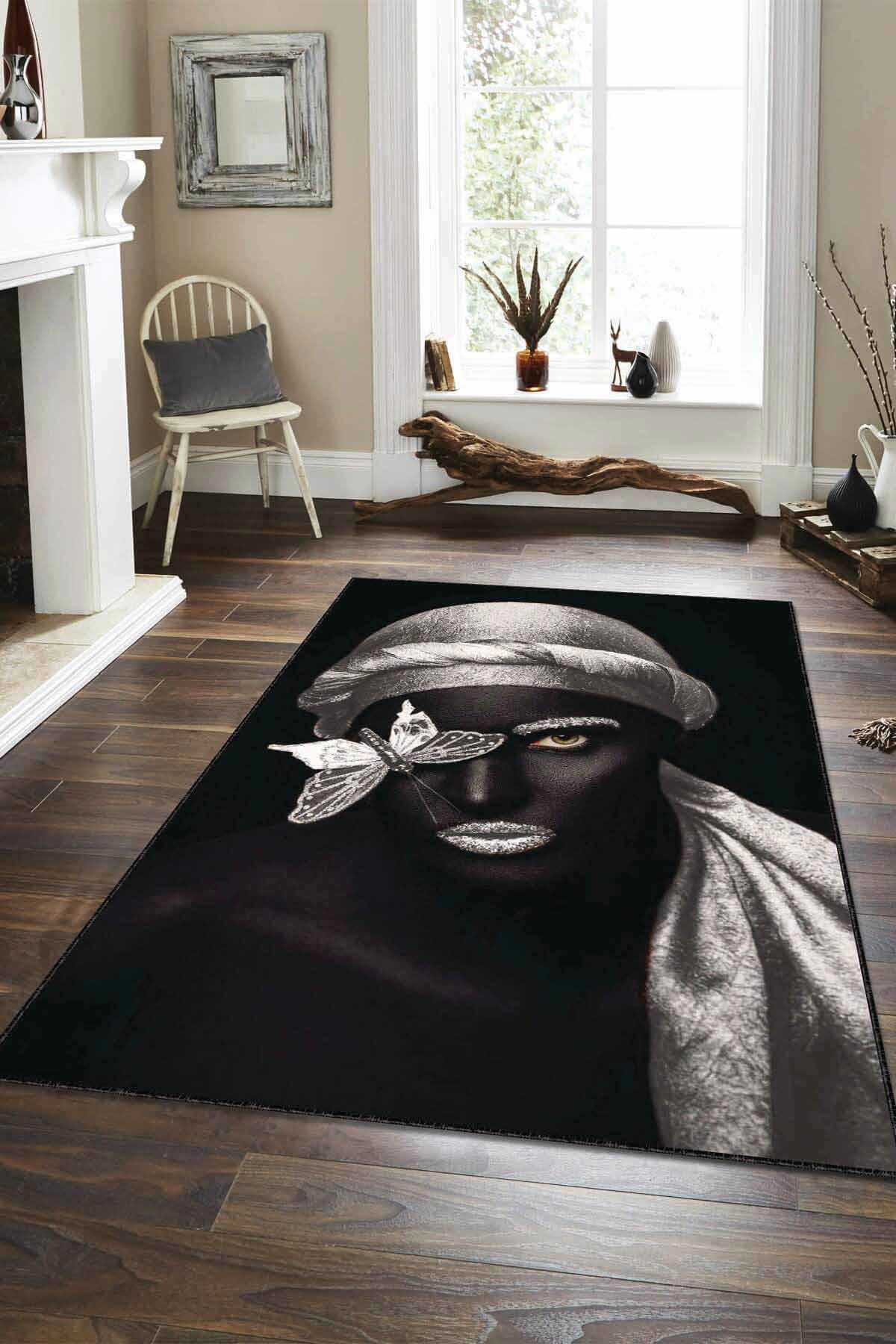 Viva Home AR103 Siyah 7 mm Mikropolyester Antibakteriyel Yıkanabilir Kalın Kaymaz Lateks Taban Dikdörtgen Makine Dokuma Salon Halısı 100x200 cm