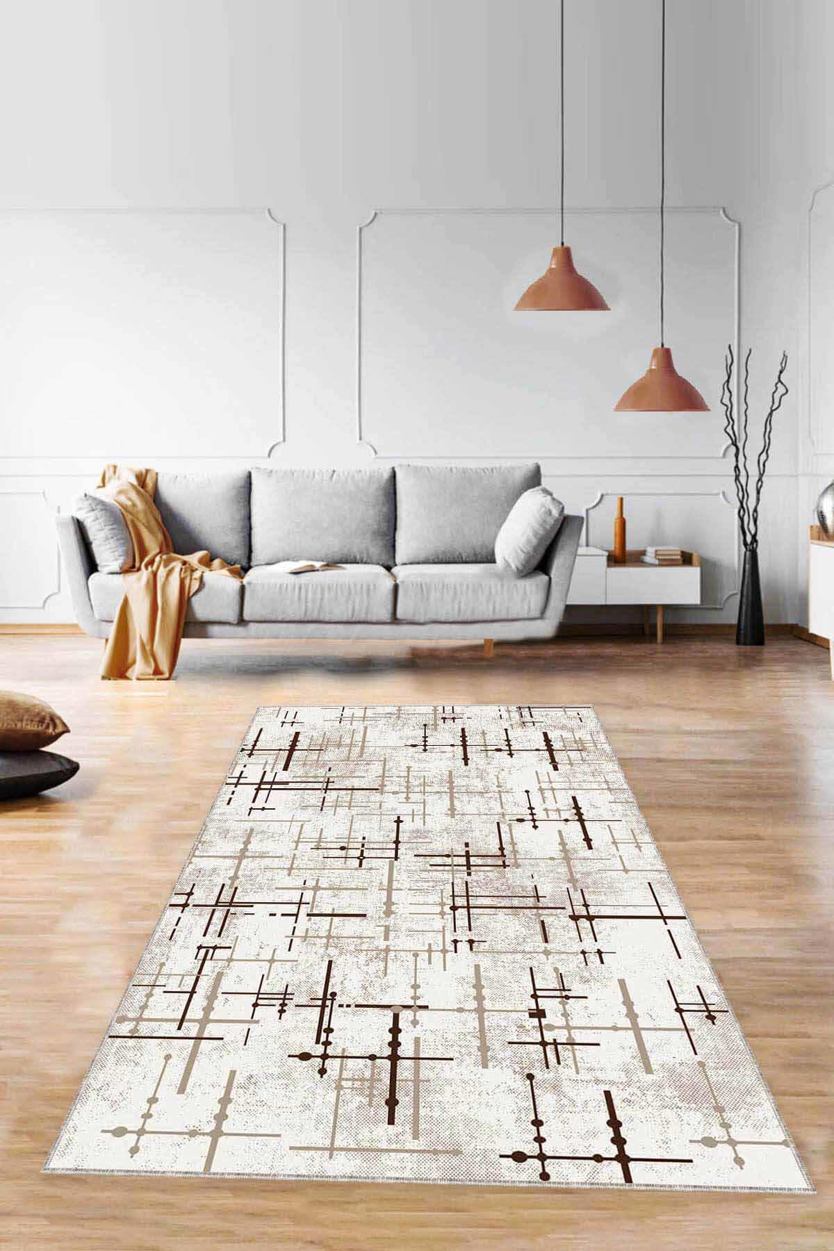 Viva Home MN07 Bej 7 mm Mikropolyester Leke Tutmaz Yıkanabilir İnce Kaymaz Dot Taban Dikdörtgen Makine Dokuma Salon Halısı 80x300 cm