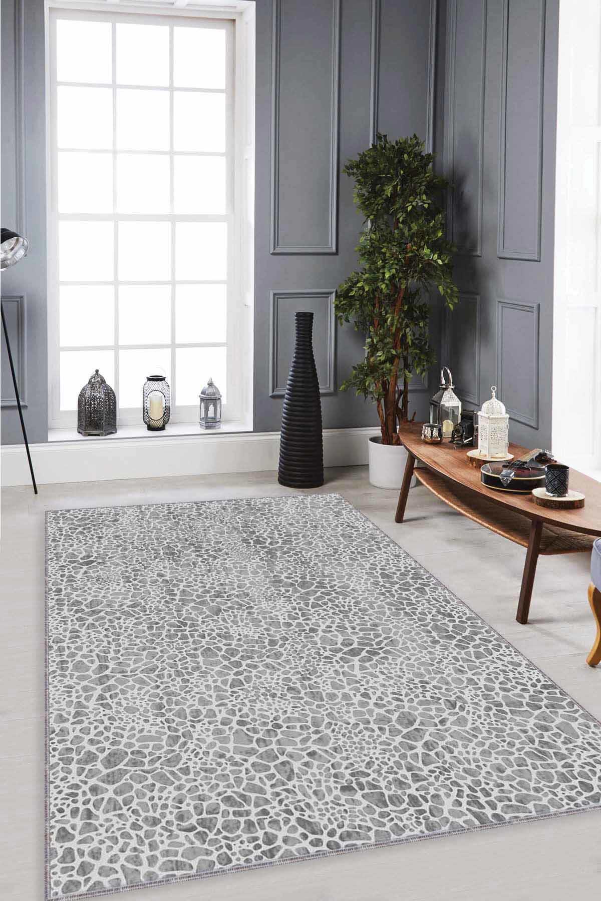 Viva Home LE002 Gri 7 mm Mikropolyester Toz Tutmaz Yıkanabilir İnce Kaymaz Dot Taban Dikdörtgen Makine Dokuma Salon Halısı 60x240 cm