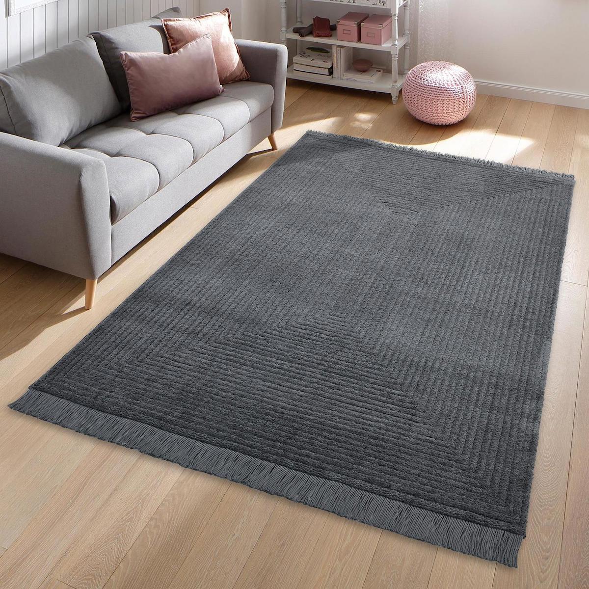 Giza Home 1104A-RB11 Gri 20 mm Polyester Antibakteriyel Yıkanabilir Kalın Kaymaz Dikdörtgen Makine Dokuma Salon Halısı 80x300 cm