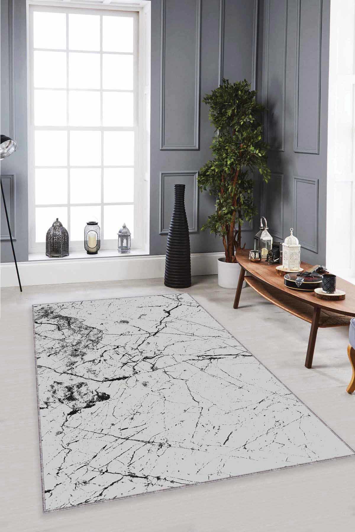 Viva Home MR01 Gri 7 mm Mikropolyester Toz Tutmaz Yıkanabilir İnce Kaymaz Dot Taban Dikdörtgen Makine Dokuma Salon Halısı 140x200 cm