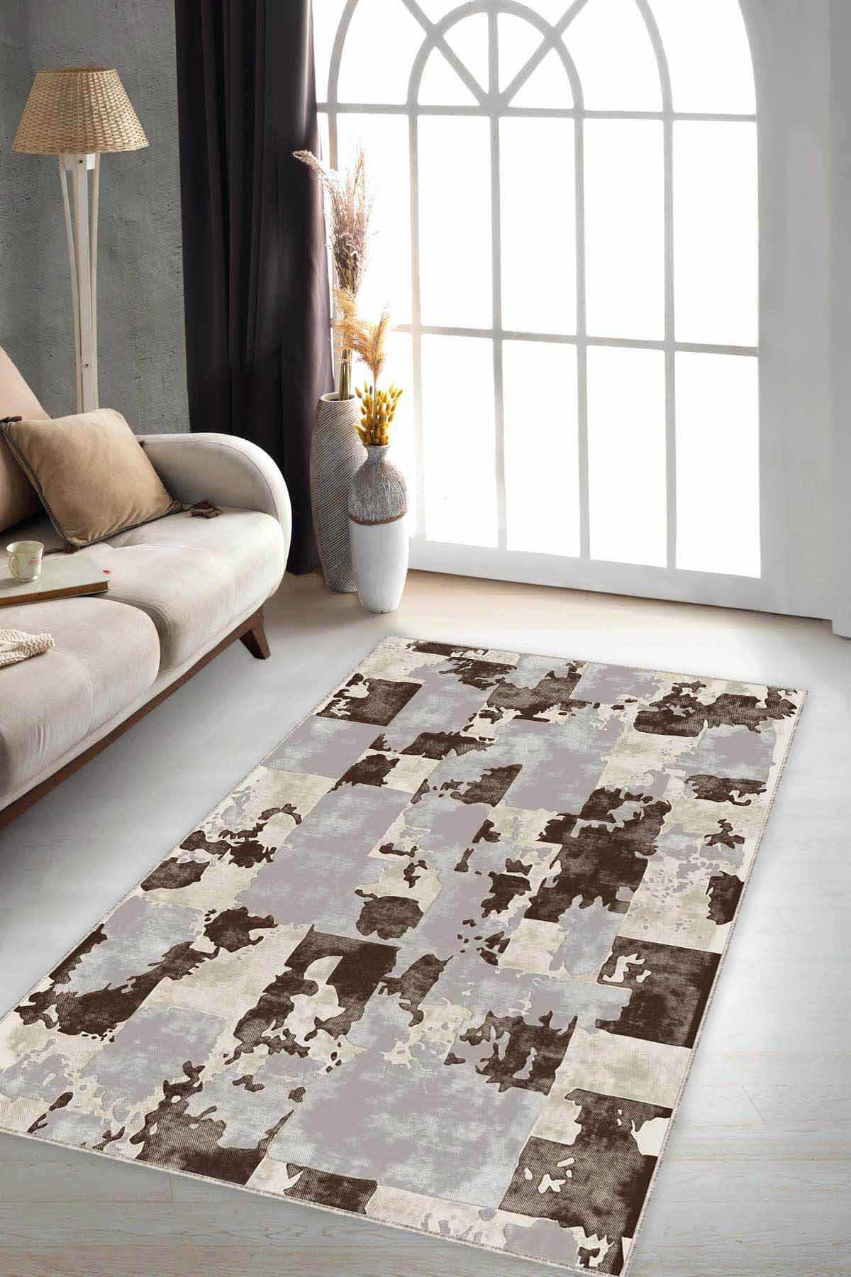 Viva Home SU01 Kahverengi 7 mm Mikropolyester Antibakteriyel Yıkanabilir İnce Kaymaz Taban Dikdörtgen Makine Dokuma Halı 200x290 cm