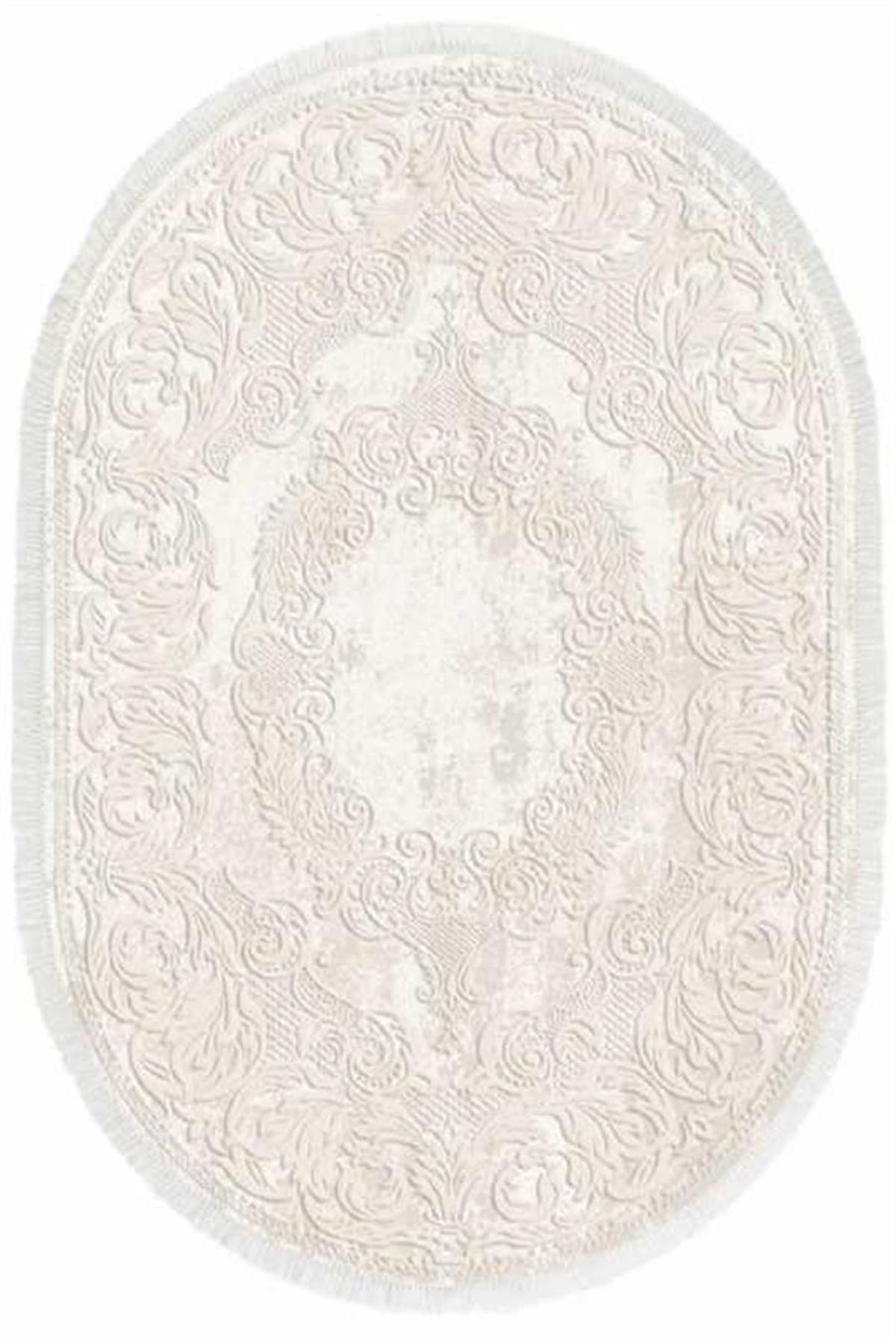 İpek Mekik Halı Sardes 6101 Krem 10 mm Akrilik Yıkanabilir Orta Kaymaz Pamuk Taban Oval Makine Dokuma Antre-Çocuk Odası-Salon-Yatak Odası Halısı 180x180 cm