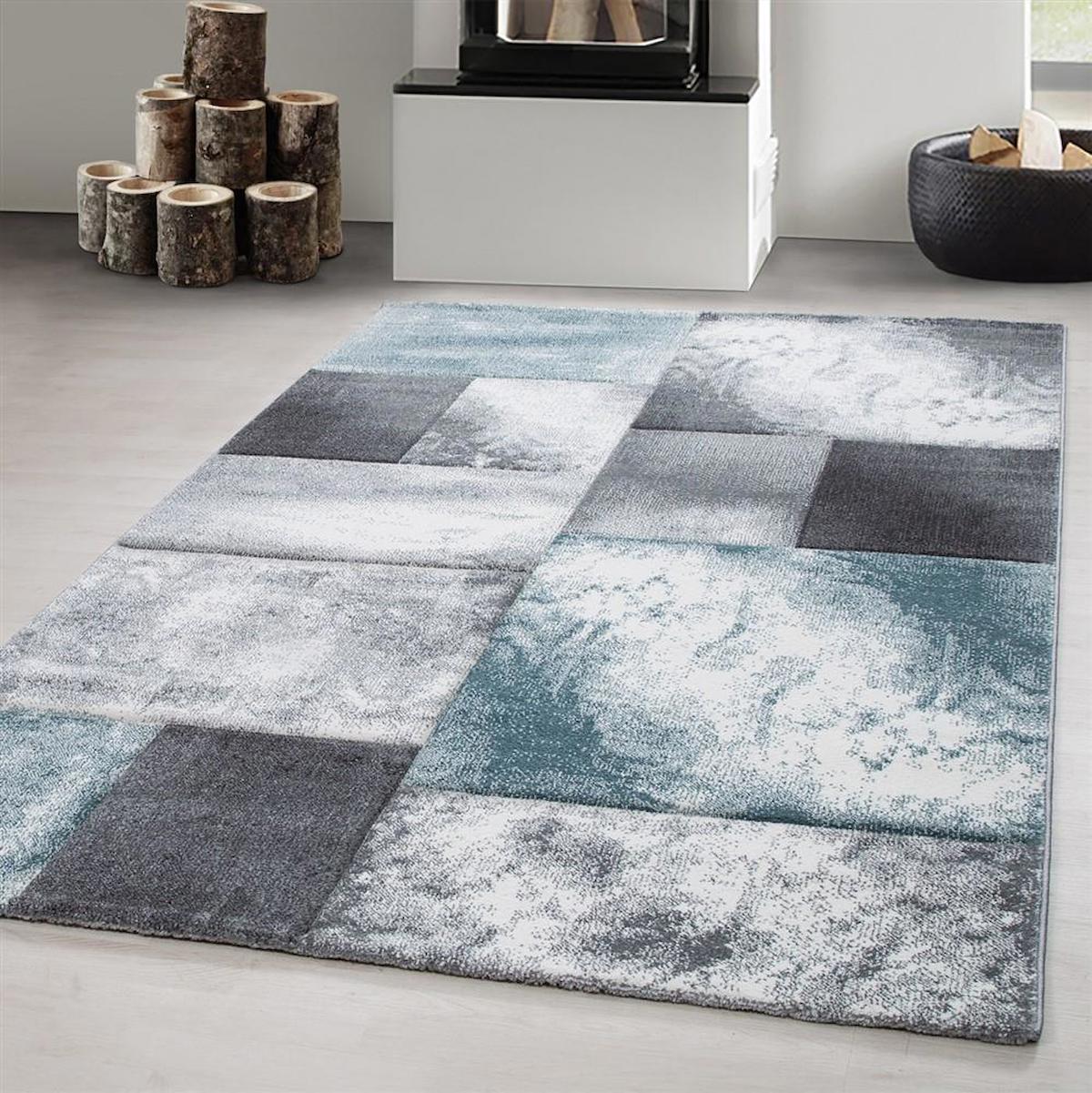 Red Halı Mavi 12 mm Polipropilen Antialerjenik Yıkanabilir Kalın Jüt Taban Dikdörtgen Makine Dokuma Salon Halısı 120x200 cm