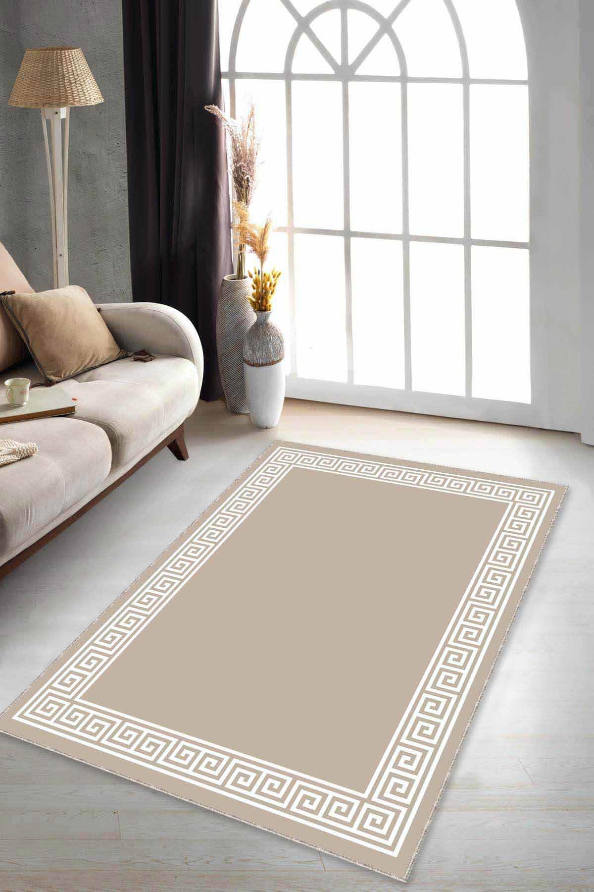 Viva Home AR504 Bej 7 mm Mikropolyester Yıkanabilir İnce Kaymaz Jüt Taban Dikdörtgen Makine Dokuma Salon Halısı 120x180 cm