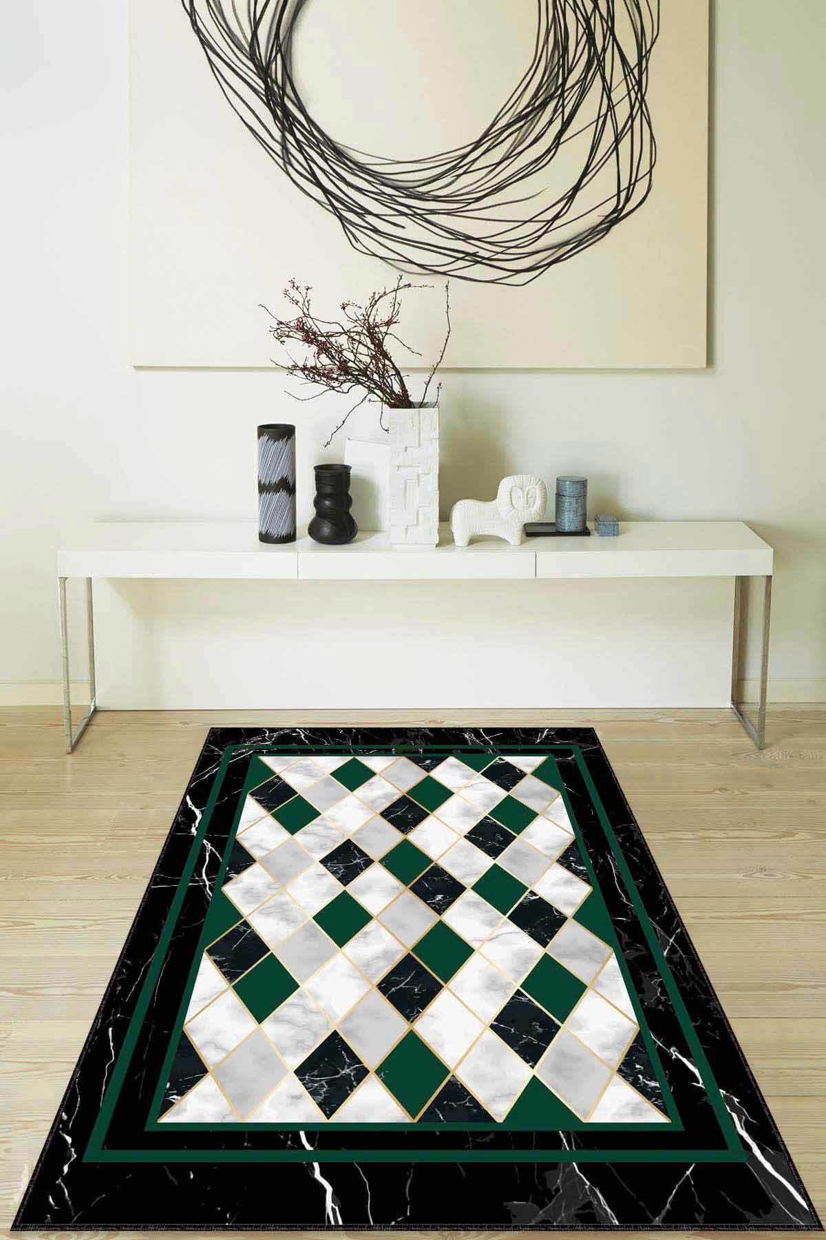 Viva Home RV144 Yeşil 7 mm Mikropolyester Yalıtıma Yardımcı Yıkanabilir İnce Kaymaz Taban Dikdörtgen Makine Dokuma Antre-Salon-Yatak Odası Halısı 140x200 cm