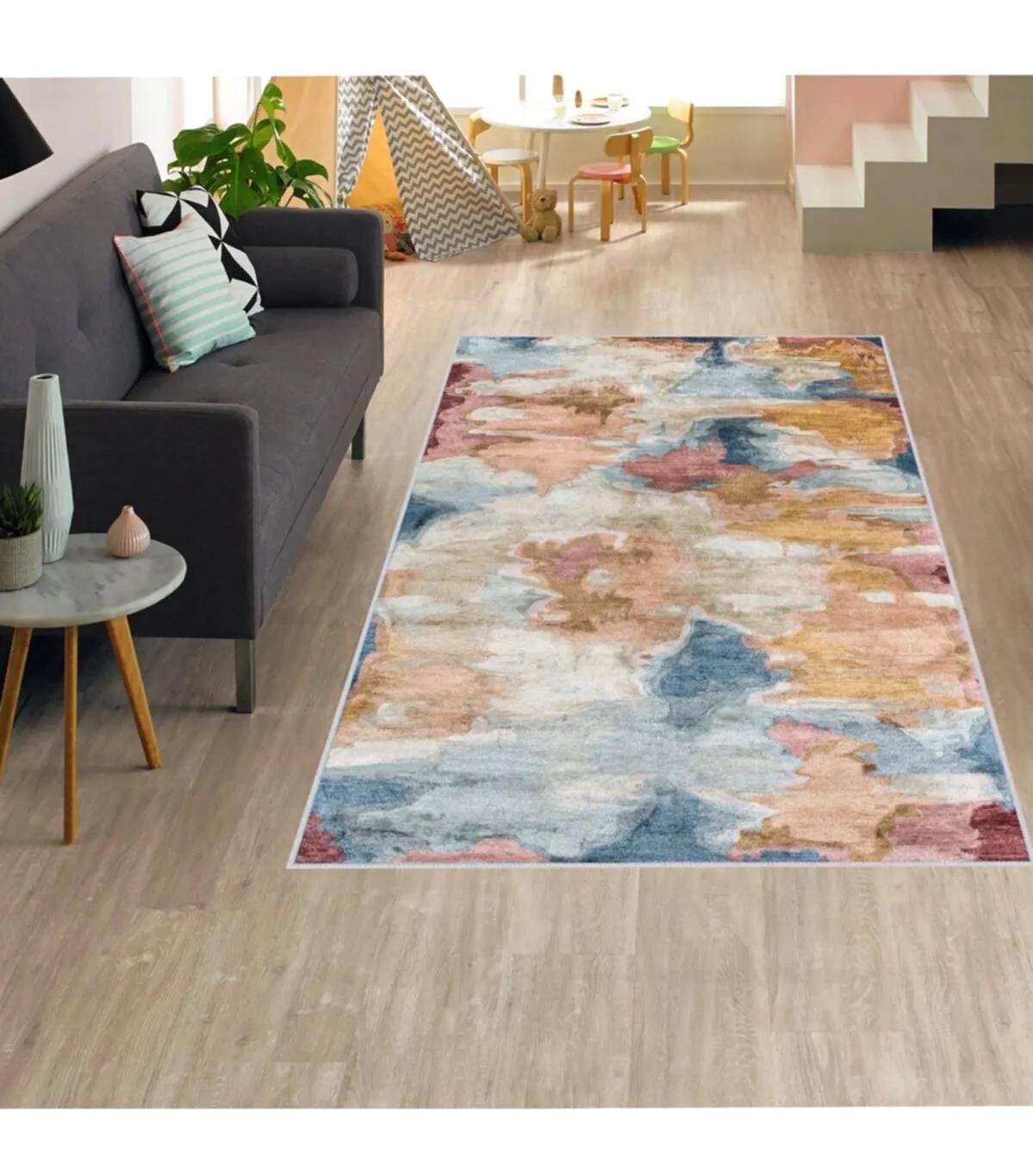 Rovigo Home RVG1282 Çok Renkli 8 mm Polyester Leke Tutmaz-Toz Tutmaz Yıkanabilir İnce Kaymaz Dot Taban Dikdörtgen Makine Dokuma Salon Halısı 80x150 cm