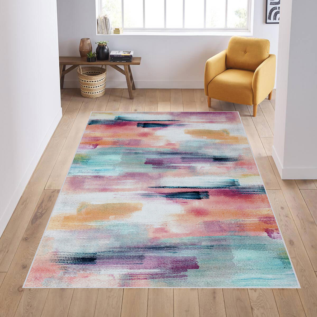Rovigo Home RVG0607 Çok Renkli 8 mm Polyester Antibakteriyel-Leke Tutmaz-Toz Tutmaz Yıkanabilir İnce Kaymaz Dot Taban Dikdörtgen Makine Dokuma Salon Halısı 100x300 cm