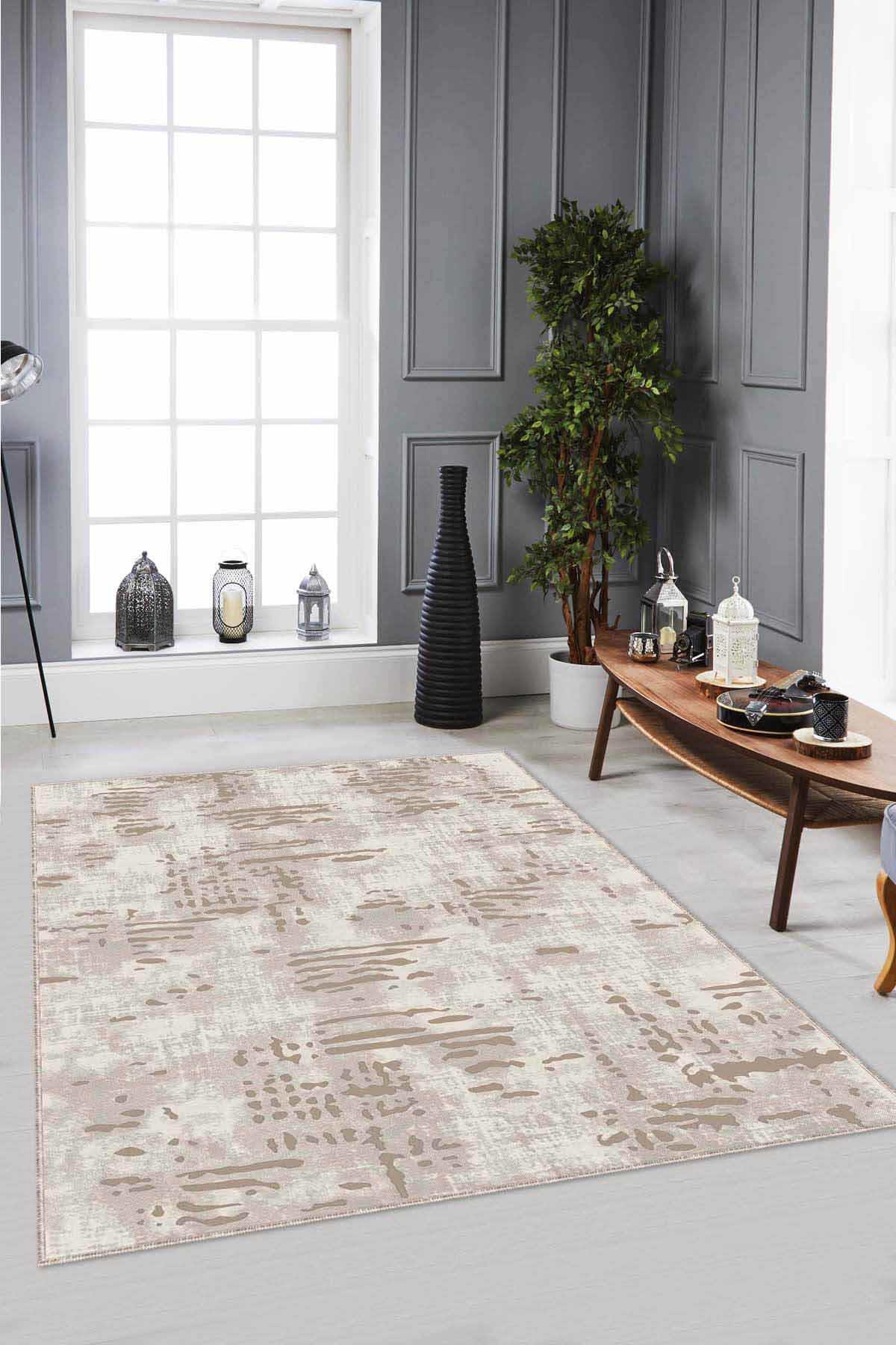 Viva Home DR008 Bej 7 mm Mikropolyester Leke Tutmaz Yıkanabilir İnce Kaymaz Dot Taban Dikdörtgen Makine Dokuma Salon Halısı 80x300 cm
