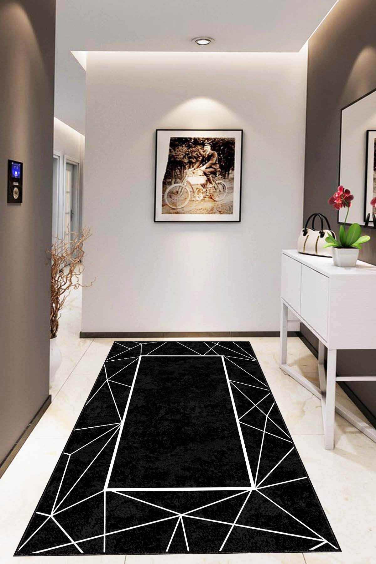 Viva Home AR523 Siyah 7 mm Mikropolyester Antibakteriyel Yıkanabilir Kalın Kaymaz Lateks Taban Dikdörtgen Makine Dokuma Salon Halısı 100x200 cm