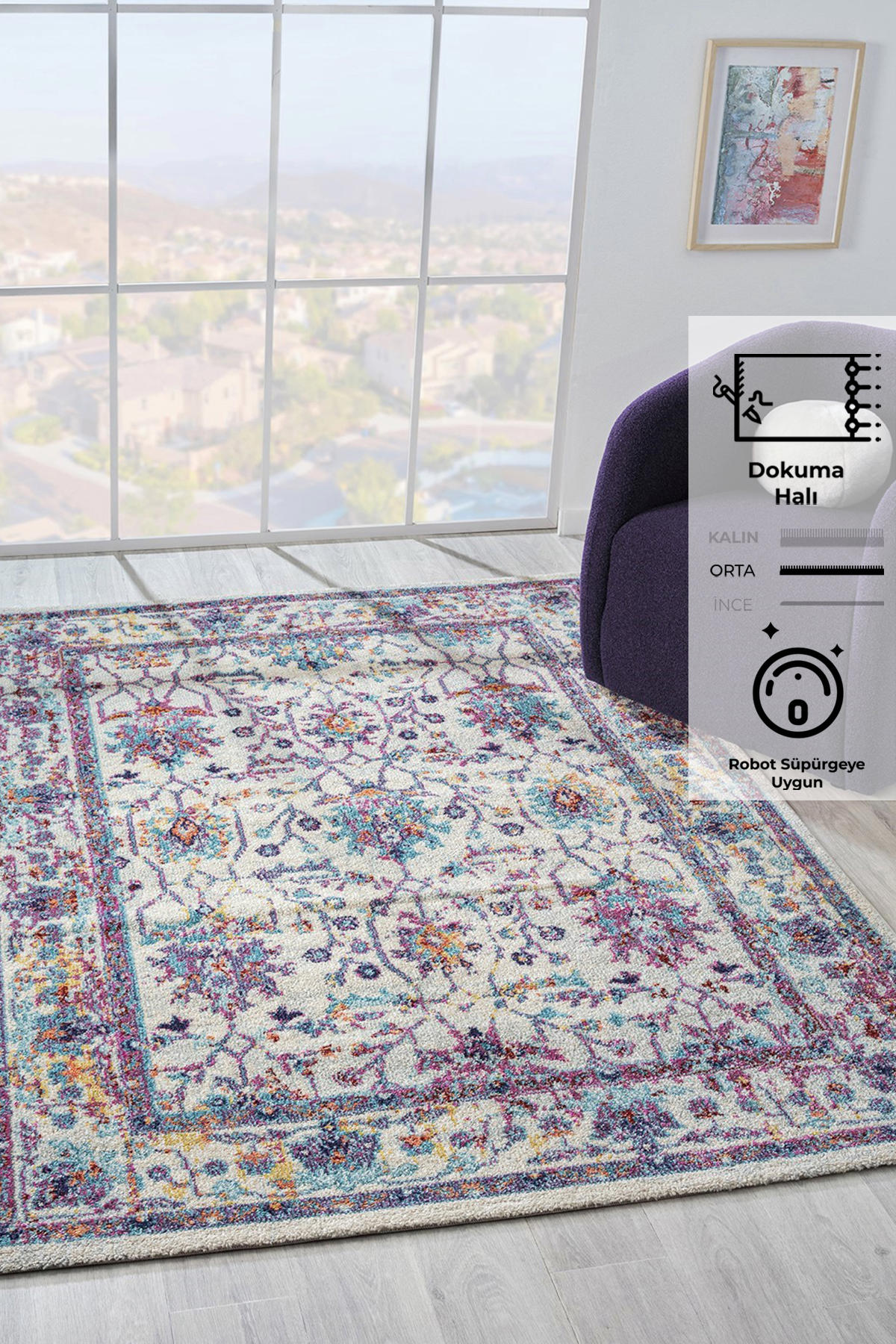 Konfor Halı Vintage 7658 Lila 7 mm Polipropilen Yıkanabilir Dikdörtgen Makine Dokuma Salon Halısı 100x300 cm