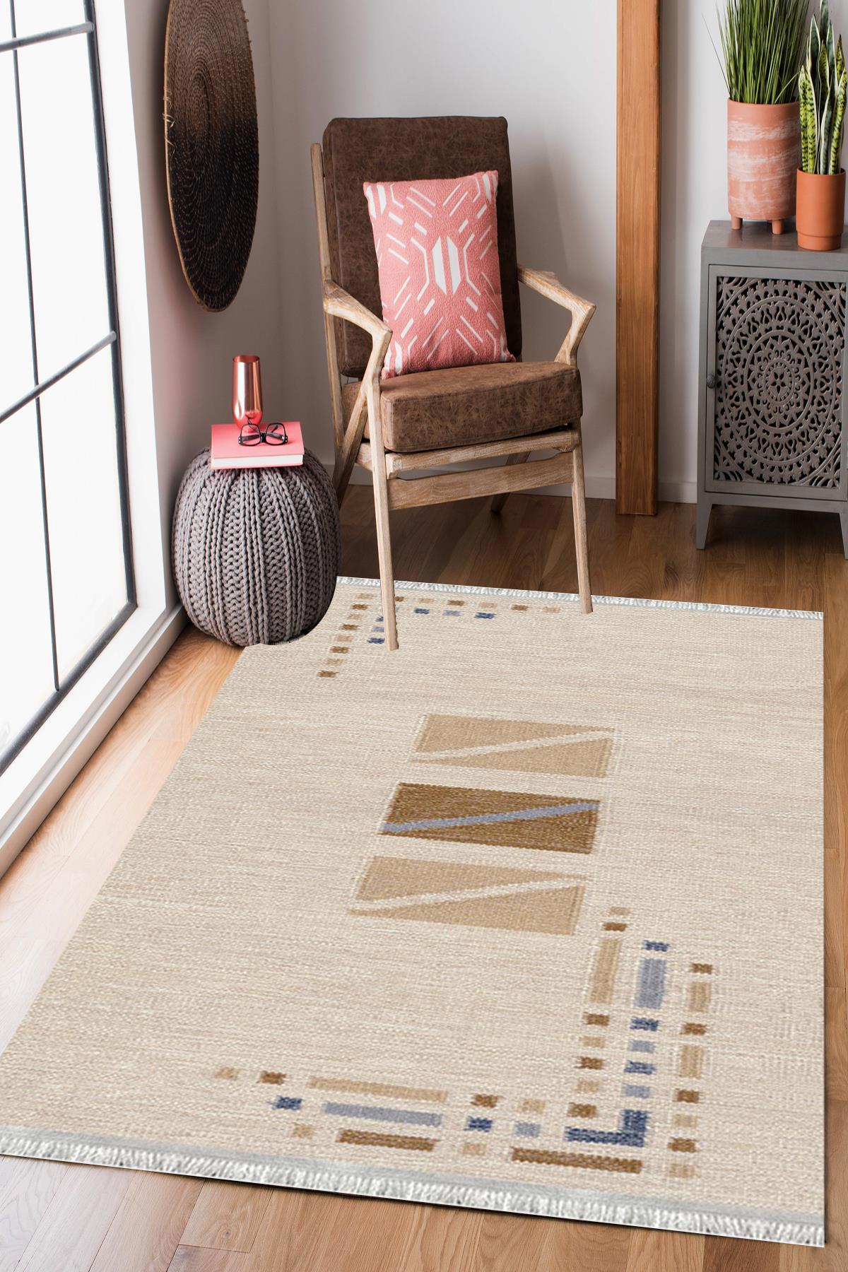 Enbe Collection E-DK5323 Çok Renkli 5 mm Pamuk Silinebilir Yıkanabilir Orta Kaymaz Dot Taban Dikdörtgen Makine Dokuma Oturma Odası Halısı 240x340 cm